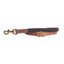 Pro Choice Ultimate Tiedown featuring a dark brown durable polyester strap and light tan leather ends with white contrast stitching. This high-quality horse tack includes solid brass hardware, a heavy-duty bolt snap, and an adjustable roller buckle for a custom fit. A professional and reliable choice for equestrian training, designed for long-lasting performance and control.