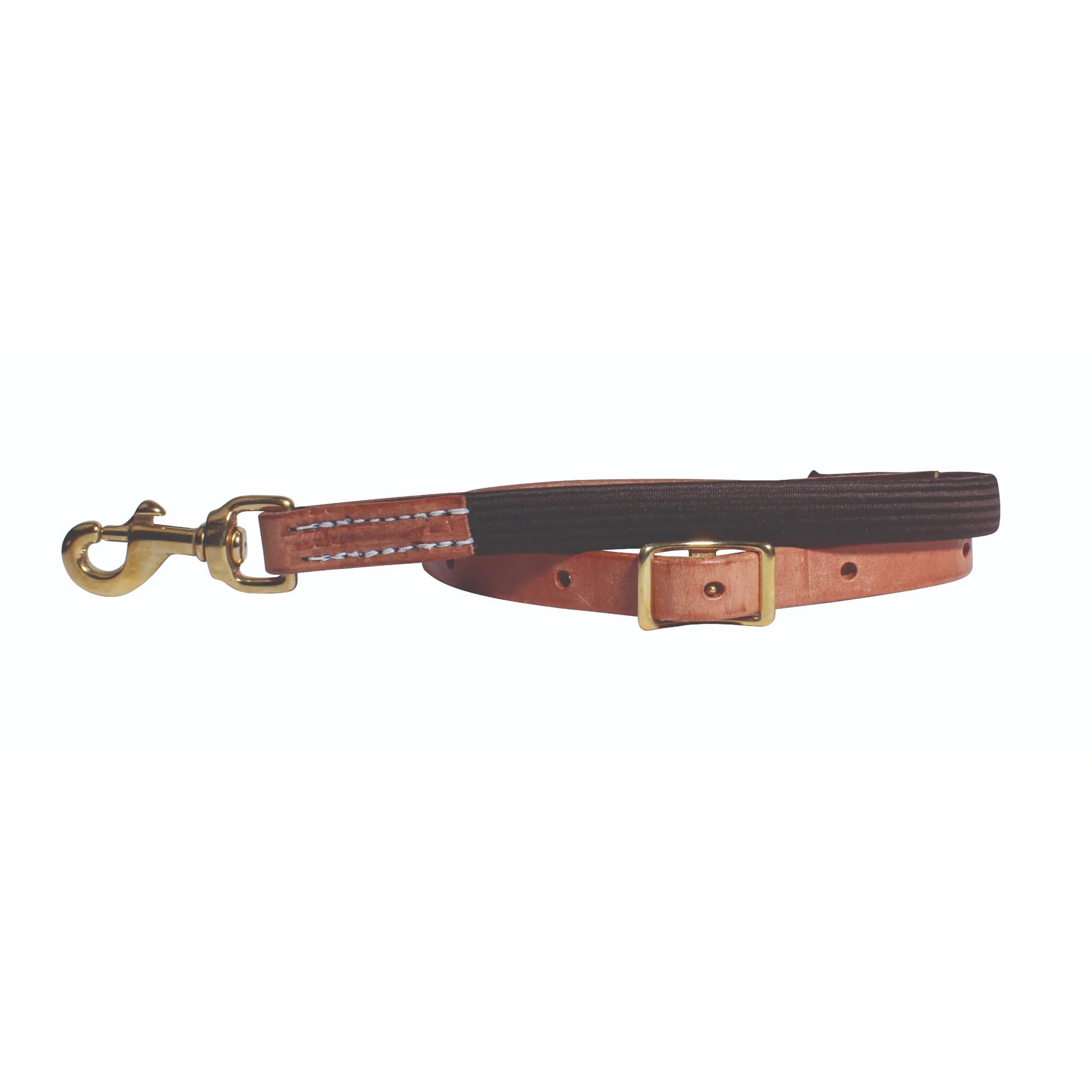 Pro Choice Ultimate Tiedown featuring a dark brown durable polyester strap and light tan leather ends with white contrast stitching. This high-quality horse tack includes solid brass hardware, a heavy-duty bolt snap, and an adjustable roller buckle for a custom fit. A professional and reliable choice for equestrian training, designed for long-lasting performance and control.