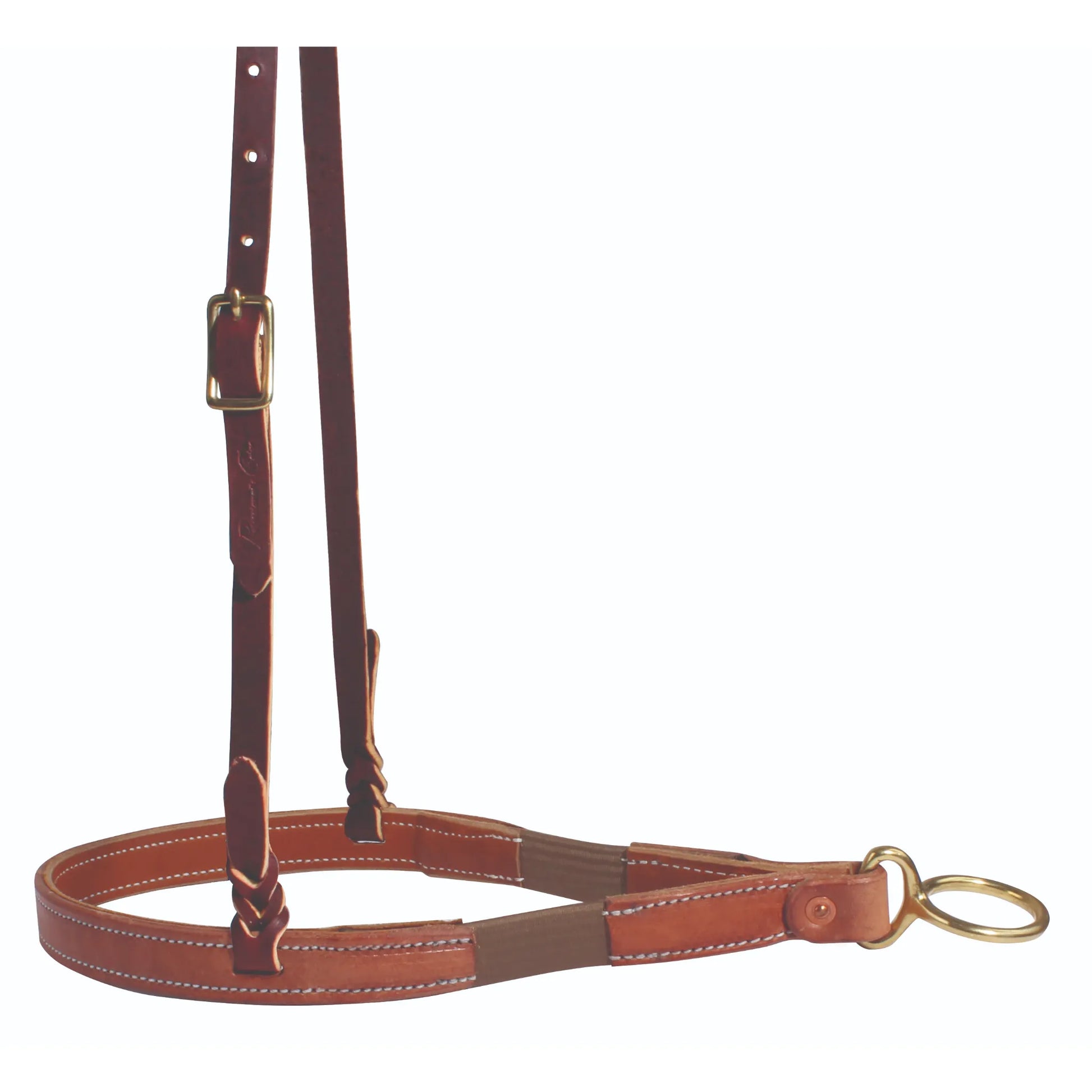 Pro Choice Ultimate Tiedown Noseband crafted from premium Hermann Oak Leather in a rich chestnut finish. This Western horse tack features beautiful white contrast stitching, elegant braided accents, and durable brass hardware. The adjustable headstall strap and sturdy brass ring ensure a secure fit for training and performance. A high-quality addition to any Western rider's equestrian gear collection.
