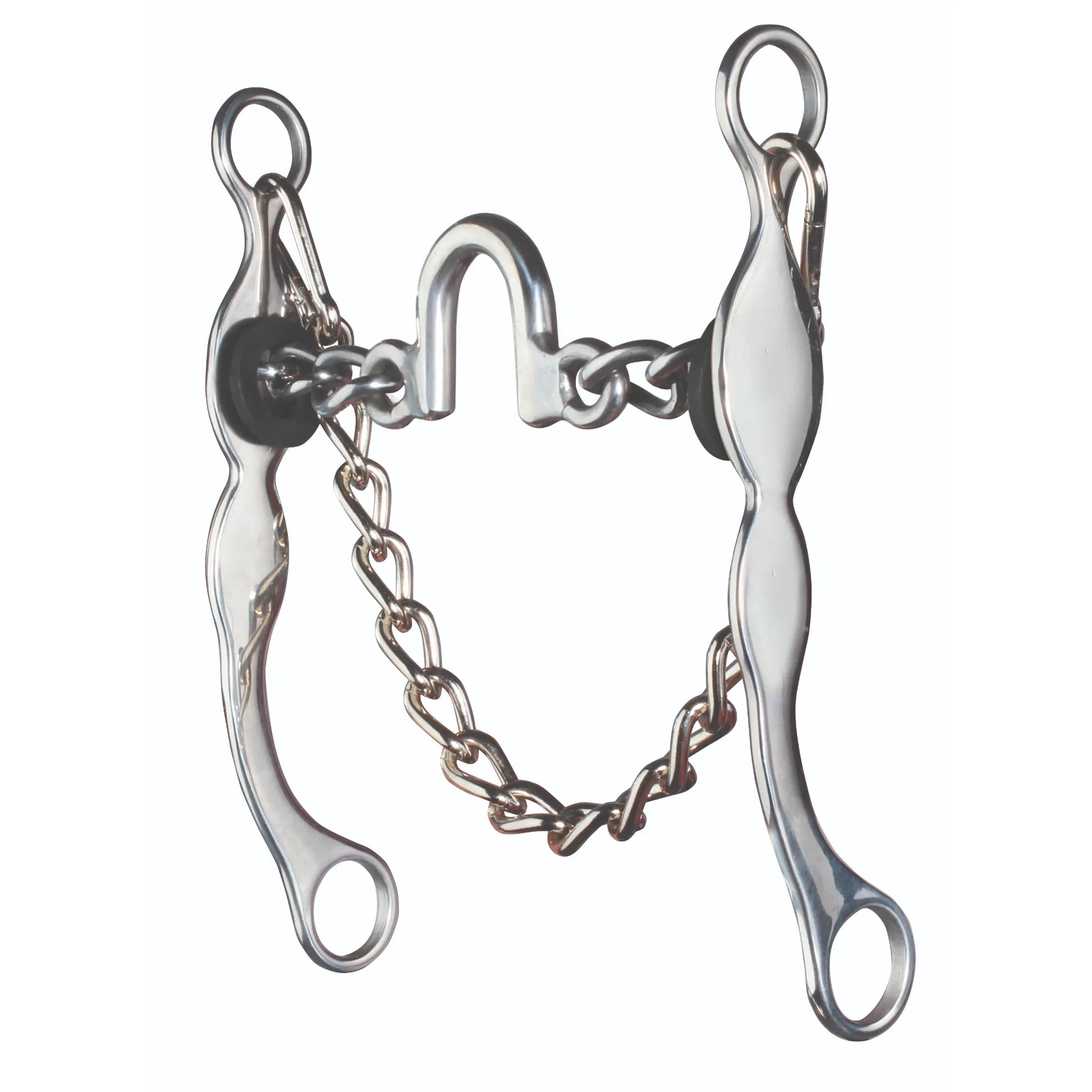 Professional Ported Chain Bit for gentle horse training featuring a 5 1/8" mouth with a high U-shaped port and polished stainless steel chain links. This durable western bit includes 7.5-inch curved shanks for effective leverage, black rubber bit guards for comfort, and a matching curb chain. Perfect for riders seeking refined communication and control with a high-quality, professional-grade bit.
