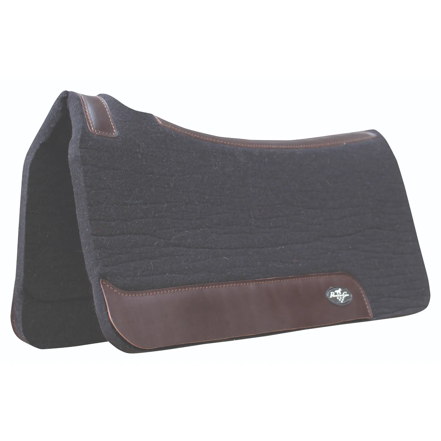 Professional's Choice 100% Wool Felt Contoured Saddle Pad in charcoal black with rich brown leather wear leathers. This premium western horse pad features an anatomical shape designed for superior pressure relief and maximum comfort. Durable and shock-absorbing, it’s a high-performance choice for western riding, training, and everyday equestrian use. The contoured design ensures a perfect fit over the horse’s withers for stabilized saddle placement.