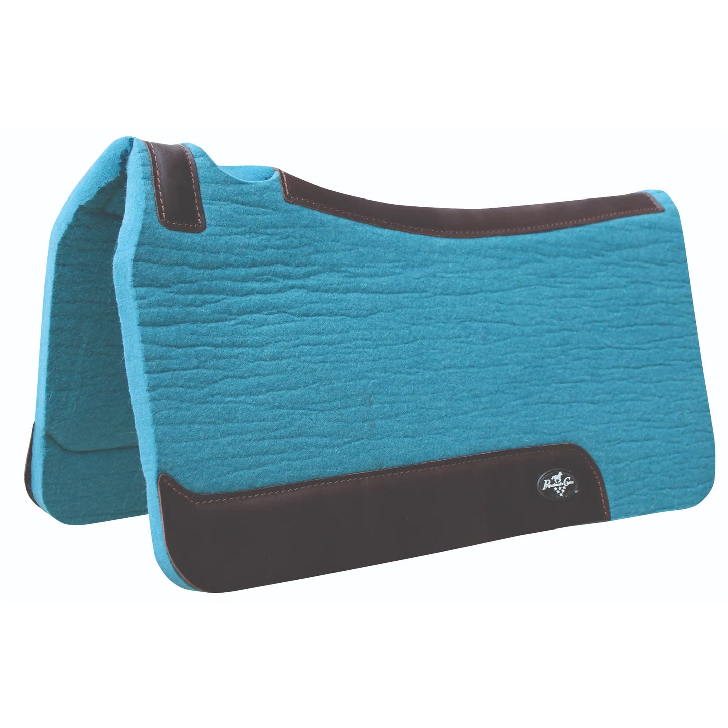 Professional's Choice 100% Wool Felt Contoured Western Saddle Pad in vibrant turquoise. This premium saddle pad features dark brown leather reinforcements along the spine and bottom wear leathers for added durability. Its contoured design provides superior wither relief and pressure protection for the horse. Textured teal wool adds a pop of color to your equestrian gear, making it perfect for performance or trail riding. A stylish choice for horse comfort and support.