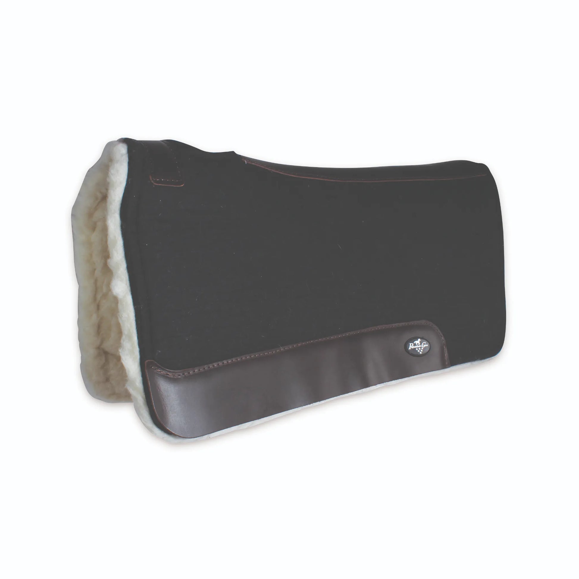 Professional's Choice black wool felt contoured western saddle pad featuring a thick, plush white fleece lining for ultimate pressure relief and comfort. Designed with durable dark brown leather wear leathers and a contoured spine to ensure a perfect fit for your horse. Premium equestrian tack for professional performance and style.