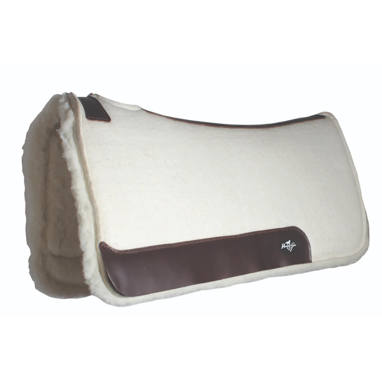 Professional's Choice 100% Wool Felt Contoured Saddle Pad in natural cream with dark brown leather wear leathers and a plush fleece lining. Designed for ultimate horse comfort and pressure relief, this high-quality Western saddle pad features an anatomical shape to fit the horse’s back perfectly. Ideal for performance and trail riding, this durable equestrian gear combines traditional wool felt with modern ergonomics for peak saddle fit and protection.