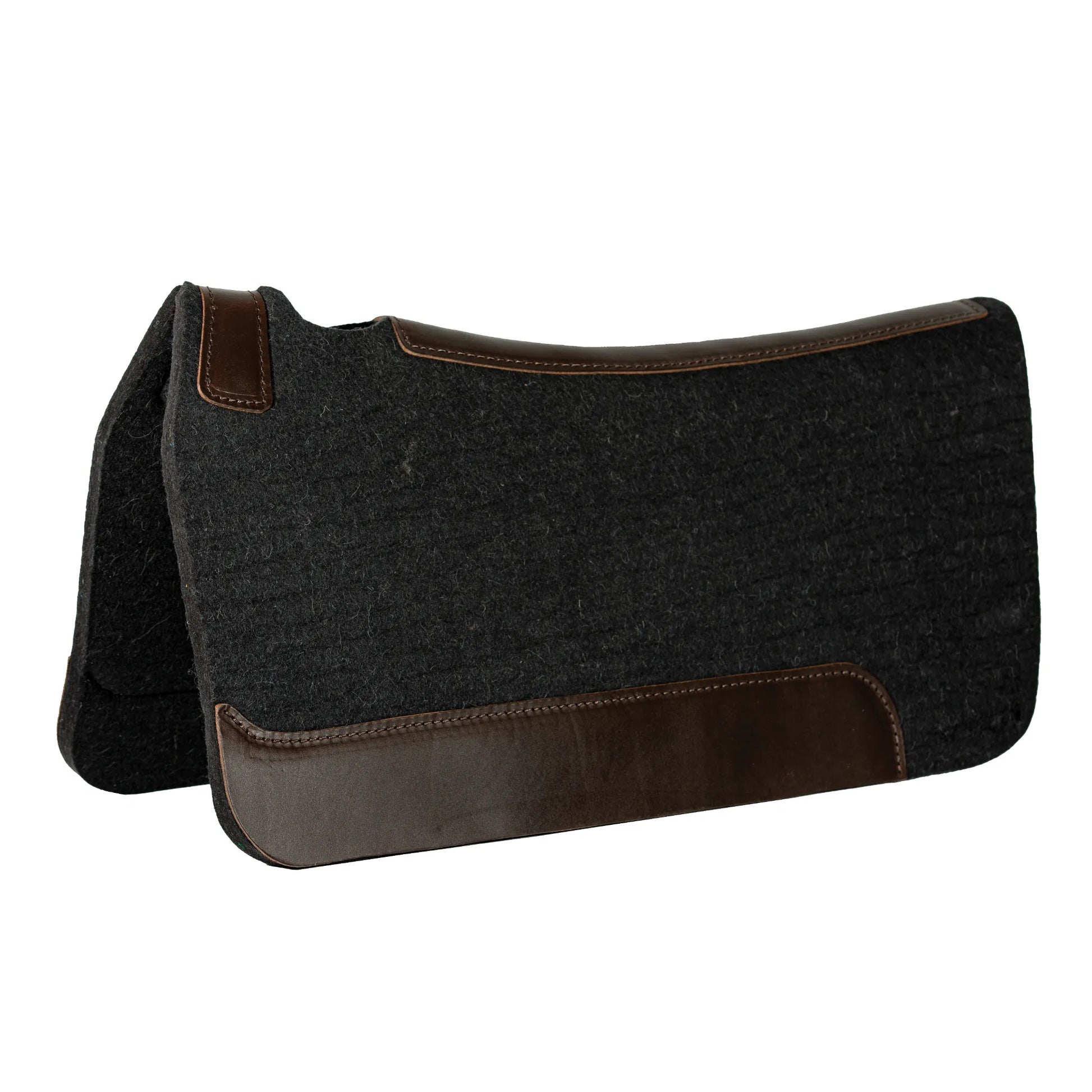 Professional's Choice 100% Wool Felt Contoured Saddle Pad in charcoal grey with rich dark brown leather reinforcements. This premium Western saddle pad features a contoured spine and wither relief cutout designed for maximum comfort and pressure relief. The natural wool felt offers superior moisture-wicking and shock absorption. Ideal for performance horses, trail riding, and improving saddle fit with durable, high-quality tack.