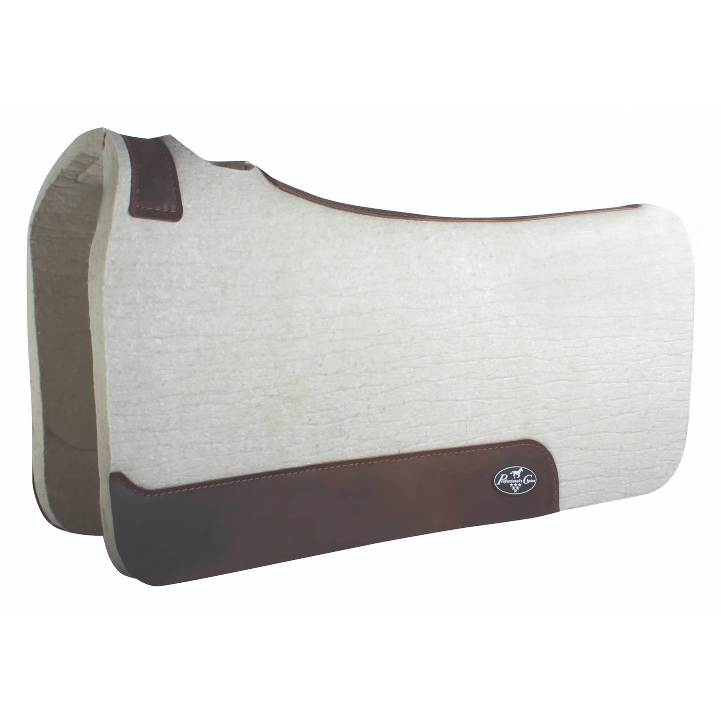 Professional's Choice 100% Wool Felt Contoured Saddle Pad in natural cream with dark brown leather wear leathers. This premium Western saddle pad features an ergonomic contoured design for superior pressure relief, shock absorption, and horse comfort. Crafted from high-quality 100% wool felt, it includes durable leather reinforcements and the iconic Professional's Choice logo, making it a must-have for performance riders and trail enthusiasts alike.
