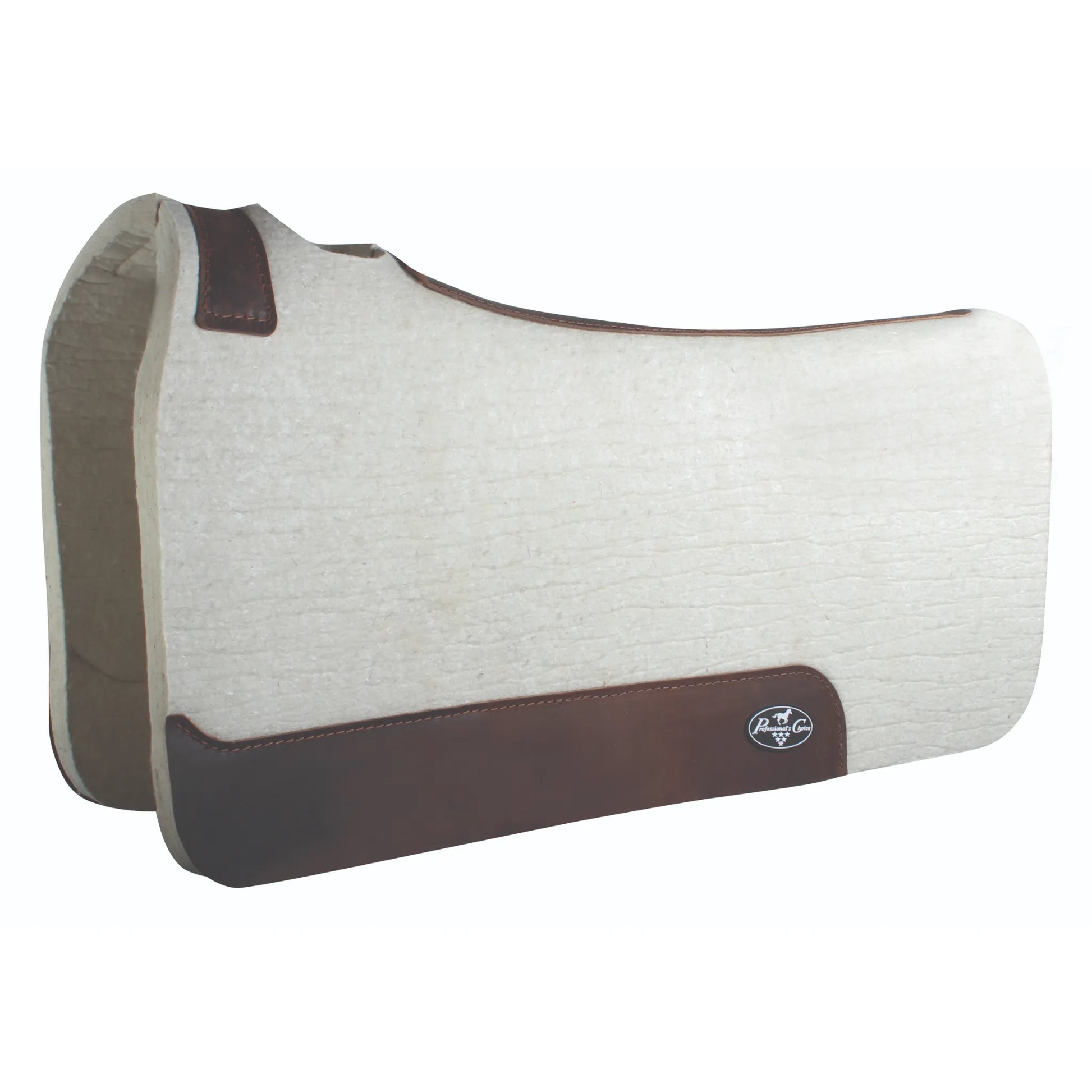 Professional's Choice 100% Wool Felt Contoured Saddle Pad in natural cream with dark brown leather wear leathers. This premium Western saddle pad features an ergonomic contoured design for superior pressure relief, shock absorption, and horse comfort. Crafted from high-quality 100% wool felt, it includes durable leather reinforcements and the iconic Professional's Choice logo, making it a must-have for performance riders and trail enthusiasts alike.