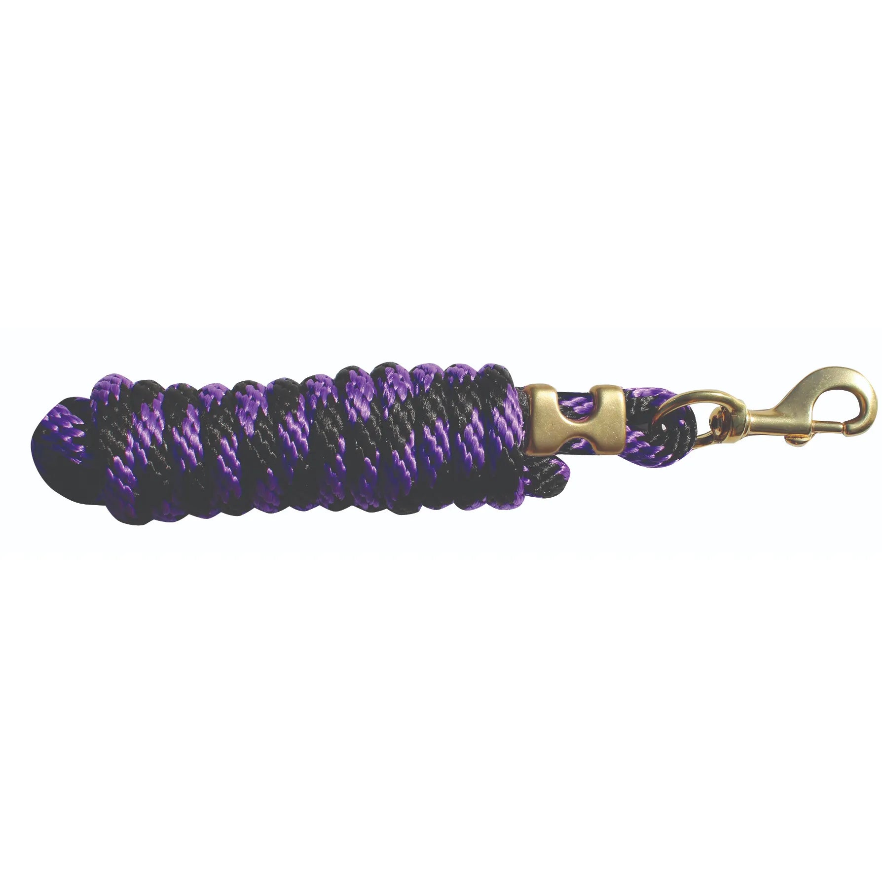 Professional's Choice 10ft Poly Lead Rope featuring a striking purple and black braided design. This durable horse lead rope includes a high-quality brass swivel bolt snap and a secure gold-toned hardware ferrule. Perfect for everyday equestrian use, it combines a soft, comfortable grip with heavy-duty performance. An essential piece of horse tack for leading, grooming, and training.
