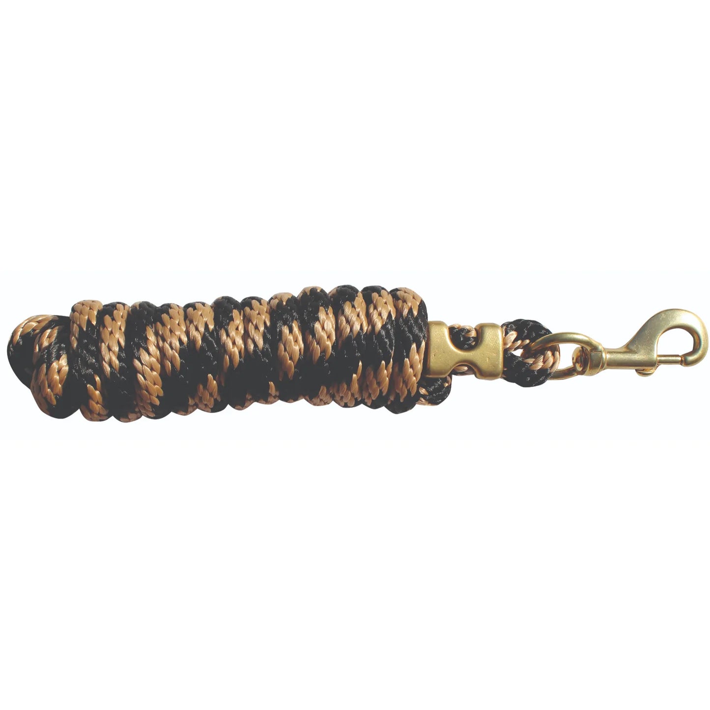 Professional's Choice 10ft Poly Lead Rope featuring a durable black and tan braided pattern. This high-quality equestrian lead includes a heavy-duty brass snap bolt for secure attachment and easy handling. Designed for comfort and longevity, the thick braided poly rope provides a soft grip for horse training and daily use. A stylish and functional addition to any horse tack collection, perfect for the stable, trailer, or show ring.