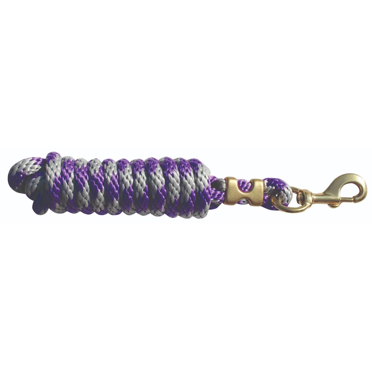 Professional's Choice 10ft poly lead rope in a vibrant purple and grey braided design. This durable horse lead features a heavy-duty brass bolt snap for secure attachment and long-lasting performance. A comfortable and strong equestrian essential perfect for horse training, grooming, and everyday handling.