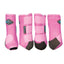 Set of four Professional's Choice 2XCOOL Cooling Horse Boots XC4 in vibrant pink. These equine sports medicine boots feature breathable cooling technology, triple hook-and-loop straps, and reinforced black protective patches at the fetlock. Designed for superior support and impact protection, these stylish pink horse boots are perfect for training and competition.