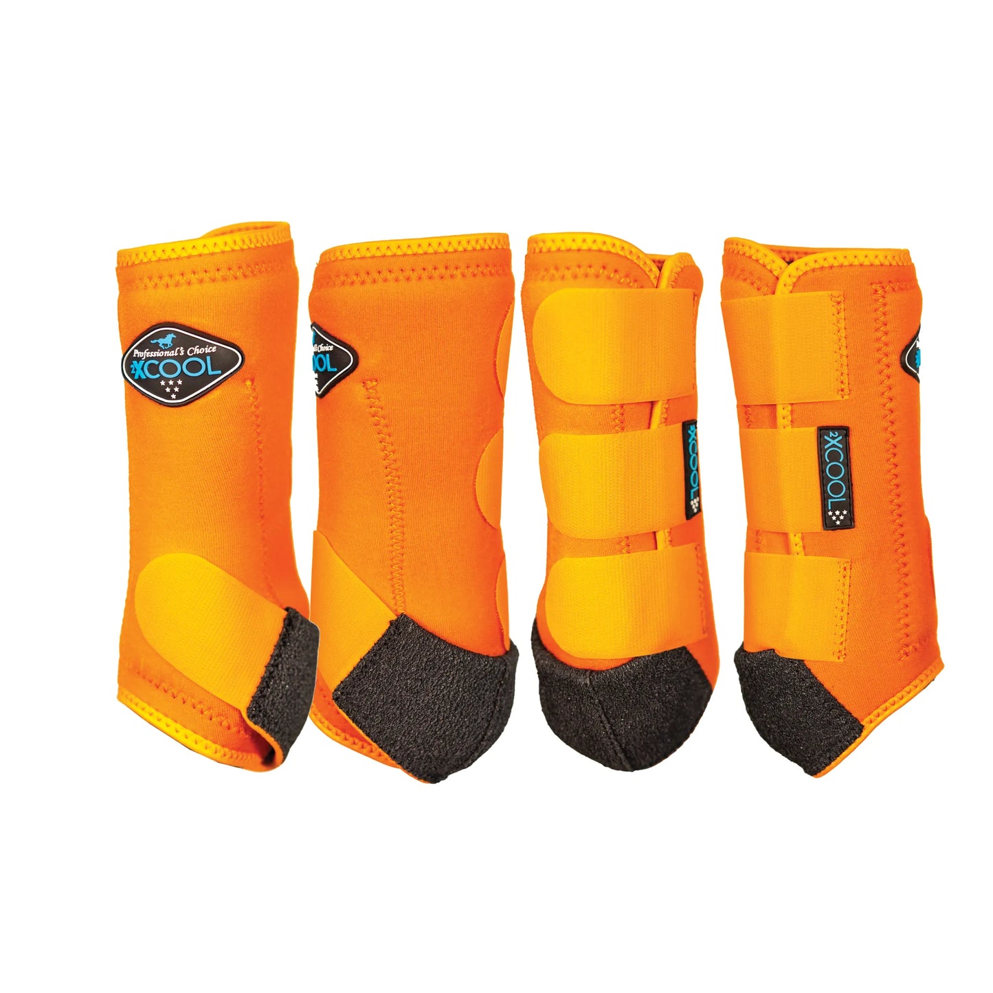 Professional's Choice 2XCOOL Cooling Horse Boots in vibrant orange. This set of four sports medicine boots features lightweight, breathable, moisture-wicking fabric designed to keep equine legs cool. The design includes secure triple hook-and-loop strap closures and a reinforced black fetlock support wrap. High-performance equine leg protection perfect for training, jumping, or competition. Ideal for horse owners seeking superior support and heat dissipation.