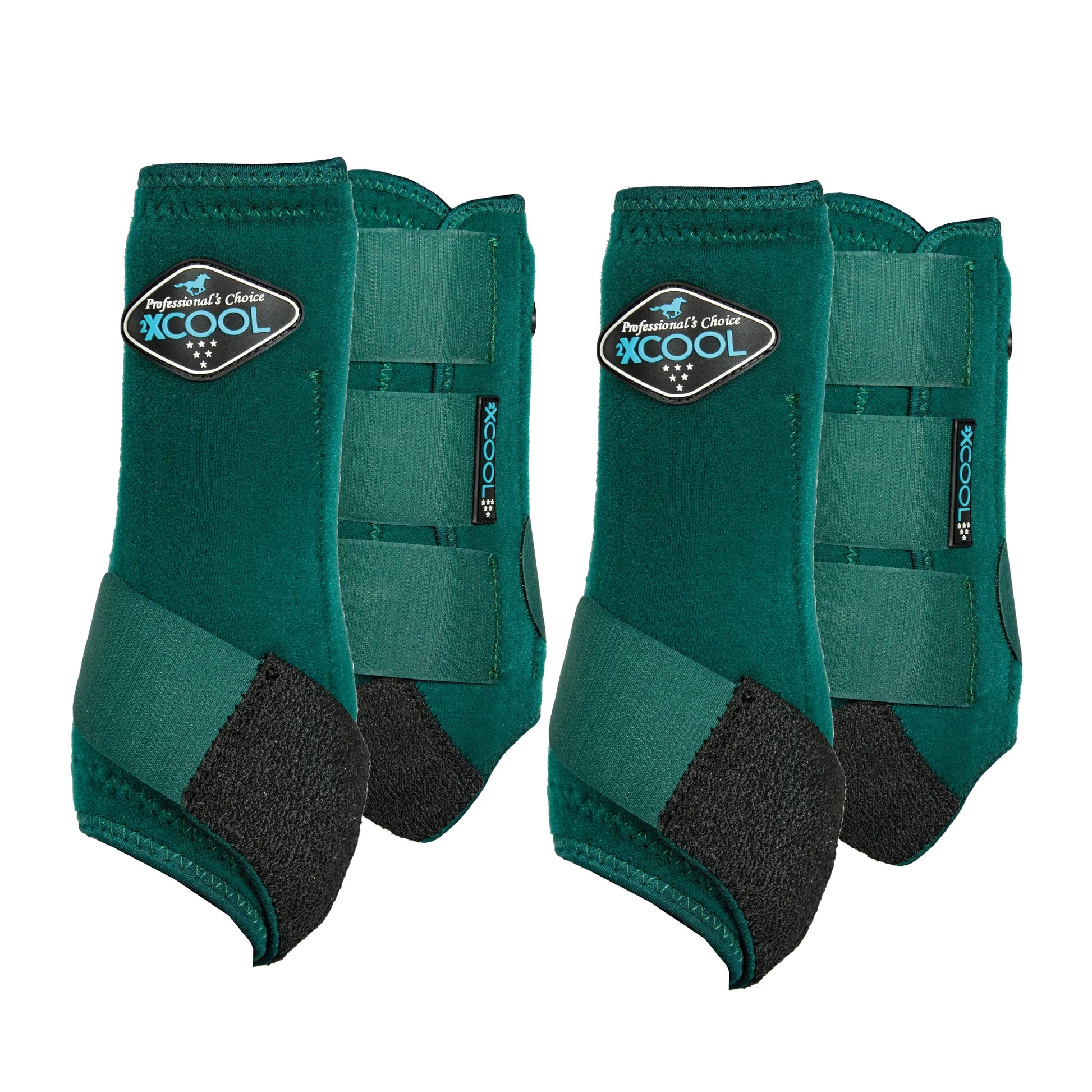 Professional's Choice 2XCOOL Cooling Horse Boots in hunter green. This set of four equine protective boots features a breathable, moisture-wicking lining and triple-strap closures for superior fetlock support and leg protection. Perfect for active horses, these sports medicine boots provide advanced heat dissipation to keep legs cool during training. An essential for any equestrian looking for durable, high-performance leg wear in a rich emerald green color.