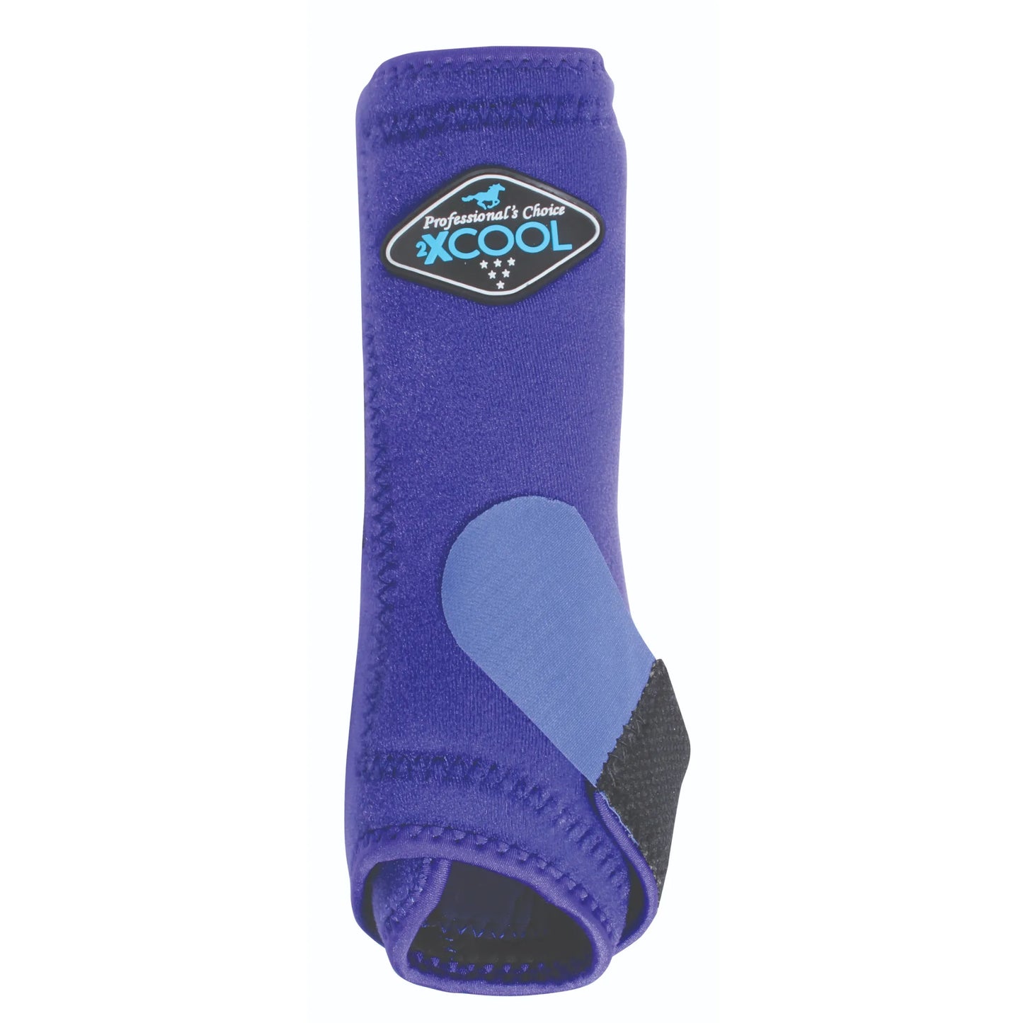 Professional's Choice 2XCOOL Sports Medicine Horse Boot in vibrant purple. This high-performance cooling horse boot features advanced moisture-wicking materials, a light blue supportive suspensory strap, and a breathable black mesh panel. Designed for maximum airflow and impact protection, the diamond logo showcases the 2XCOOL technology. Ideal for equestrian sports like barrel racing and jumping to keep horse legs cool and supported during intense training.