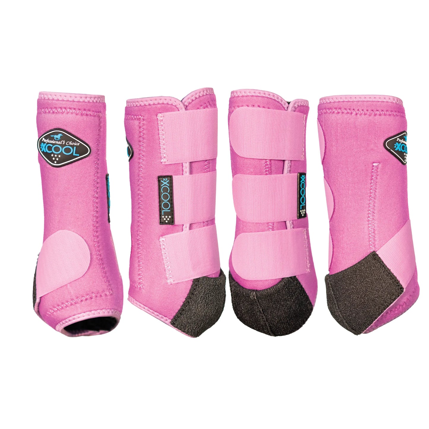 Professional's Choice 2XCOOL XC4 Cooling Horse Boots in vibrant pink. This set of four equine protective sports boots features breathable cooling technology, triple hook-and-loop straps for a secure fit, and reinforced black support cups. High-performance horse leg protection designed for comfort and heat dissipation during equestrian training, jumping, or competition.