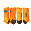 Professional's Choice 2XCOOL Sports Medicine Horse Boots in vibrant orange. This set of four protective equine boots features an innovative cooling lining, triple hook-and-loop closures for a secure fit, and reinforced black fetlock support. Designed for breathability and superior leg protection during riding, these high-performance XC4 cooling boots are perfect for competitive equine athletes and daily training.