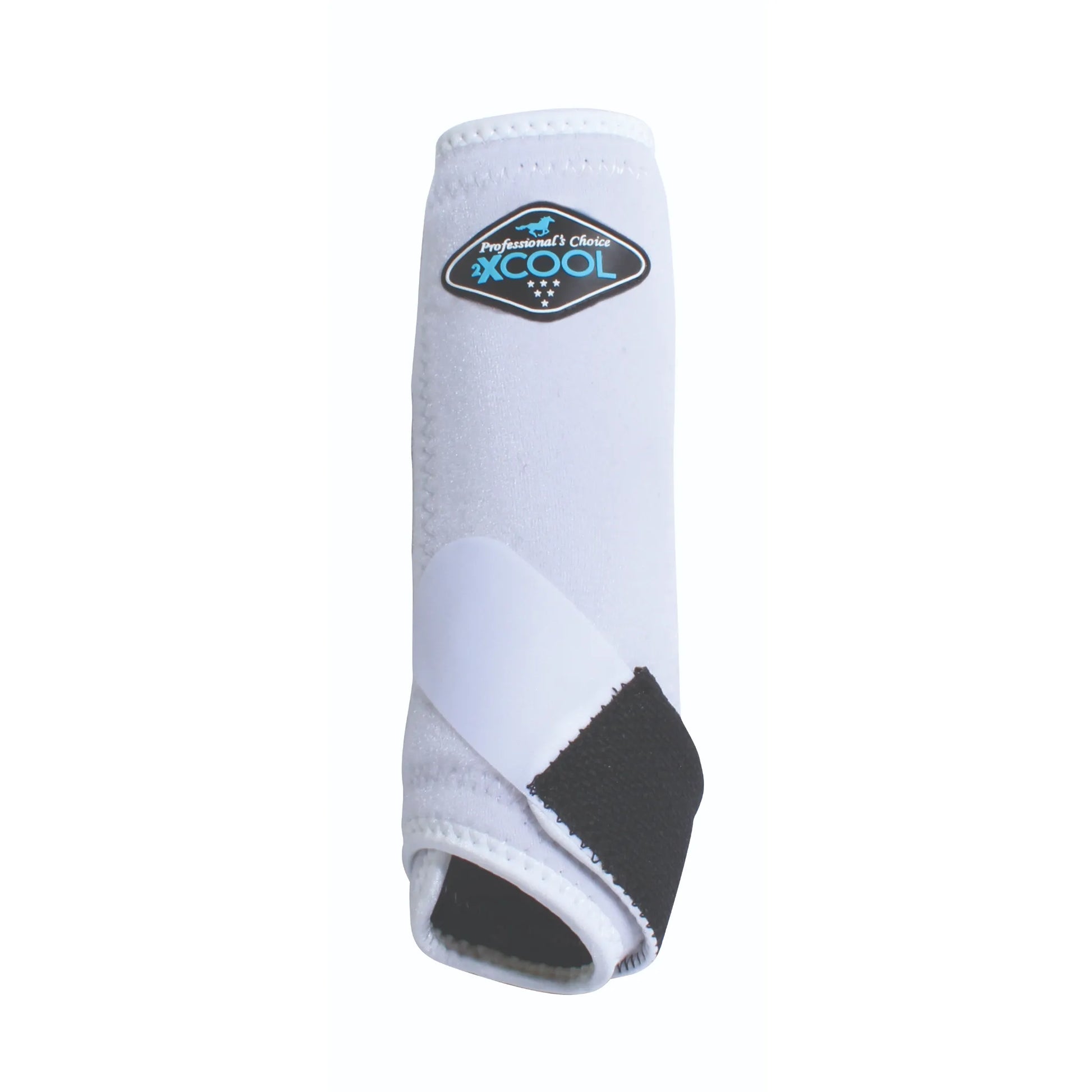 Professional's Choice 2XCOOL Sports Medicine Horse Boots in white. Features ultra-breathable, moisture-wicking cooling fabric for equine leg protection and performance. The boot showcases a supportive white strap with a black closure and the signature blue and black 2XCOOL diamond logo at the top. Designed to keep horse legs cool and protected during training or competition, these high-performance cooling boots are a must-have for equestrian gear collections.