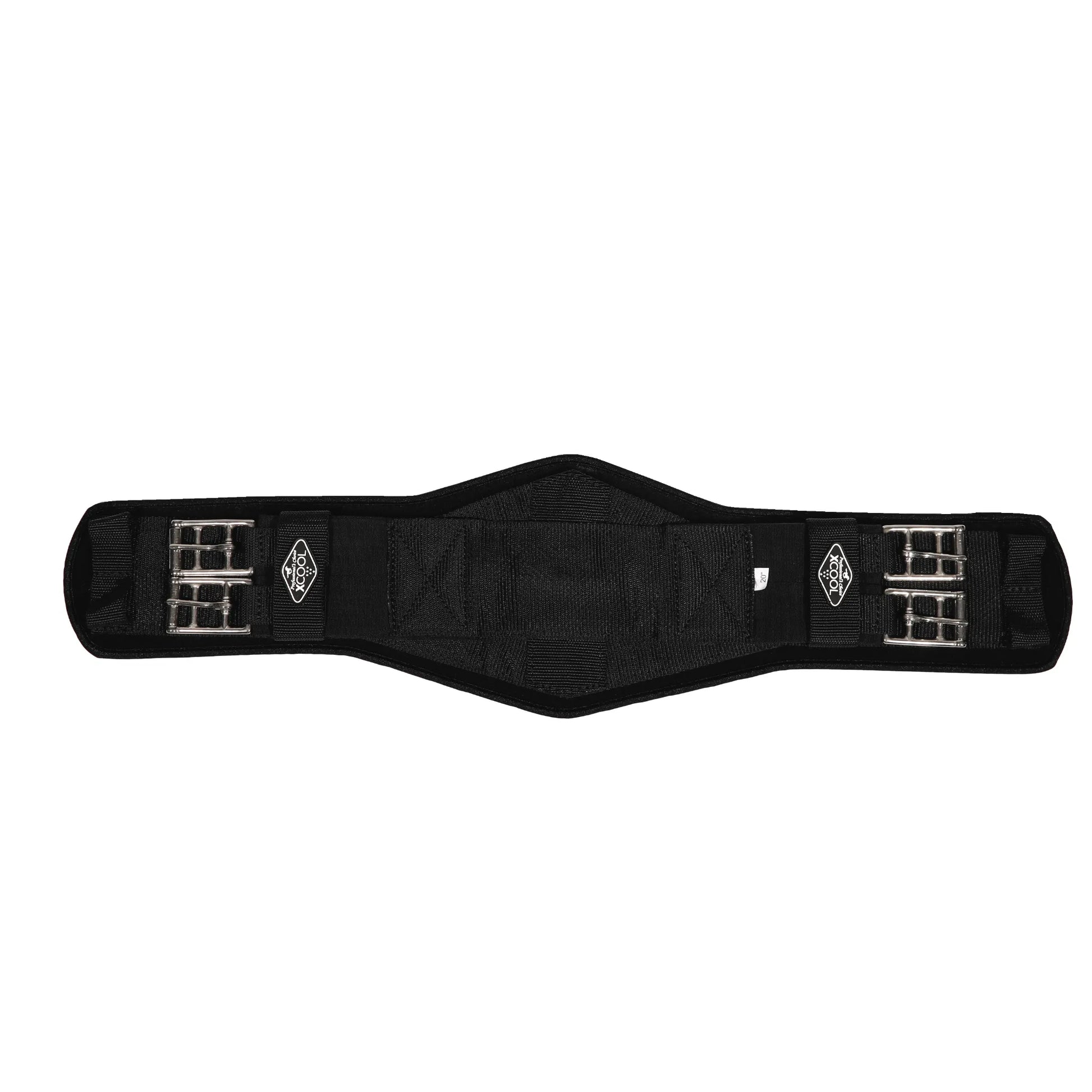 Professional's Choice 2XCOOL Dressage Girth in black, featuring a contoured V-shape for optimal pressure distribution. This high-performance horse girth showcases a textured honeycomb silicone grip for a non-slip fit and dual stainless steel roller buckles on each end. Infused with cooling minerals, its breathable design ensures maximum comfort and saddle stability for dressage training and competition.