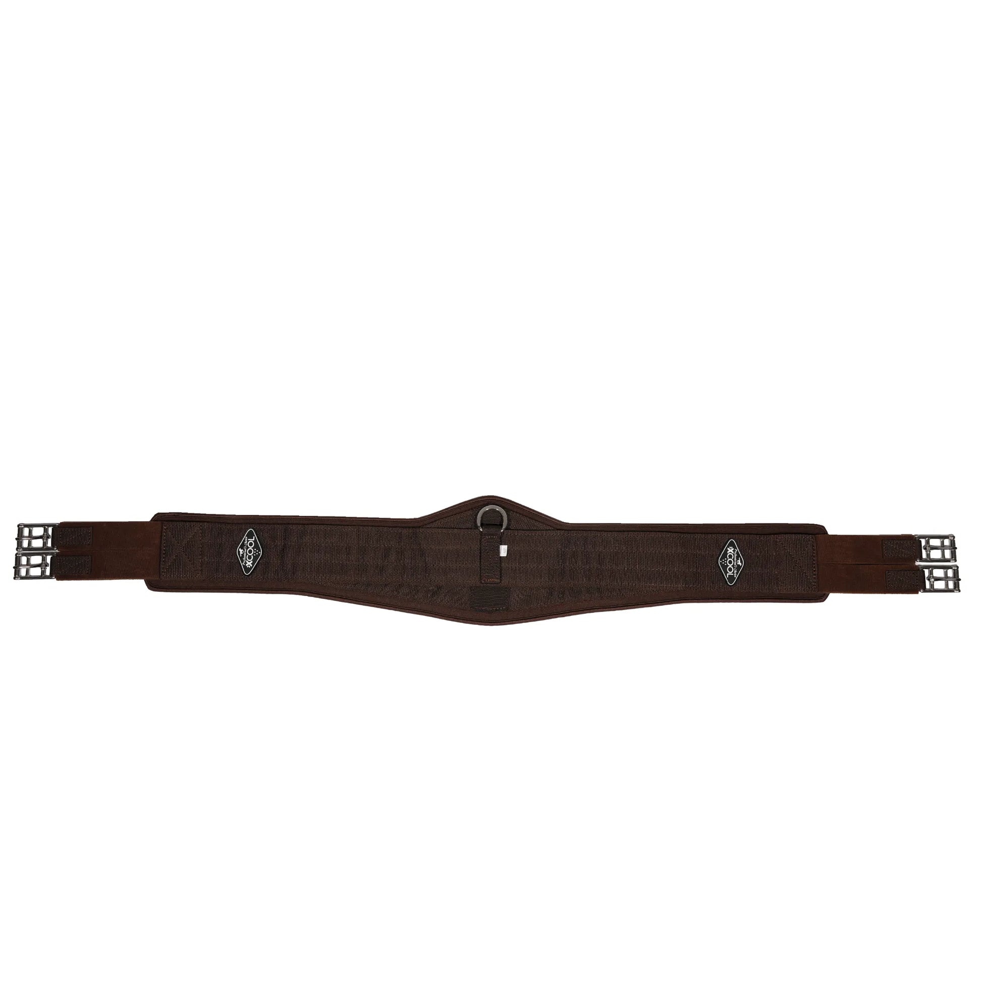 Professional's Choice 2XCOOL English Girth in chocolate brown, featuring a contoured V-shaped design for even pressure distribution. This premium horse girth is infused with cooling minerals and features a honeycomb silicone soft grip for non-slip comfort. Durable stainless steel roller buckles and a center D-ring make it a versatile choice for any English saddle. Ideal for riders seeking high-performance cooling technology and maximum comfort for their horse.