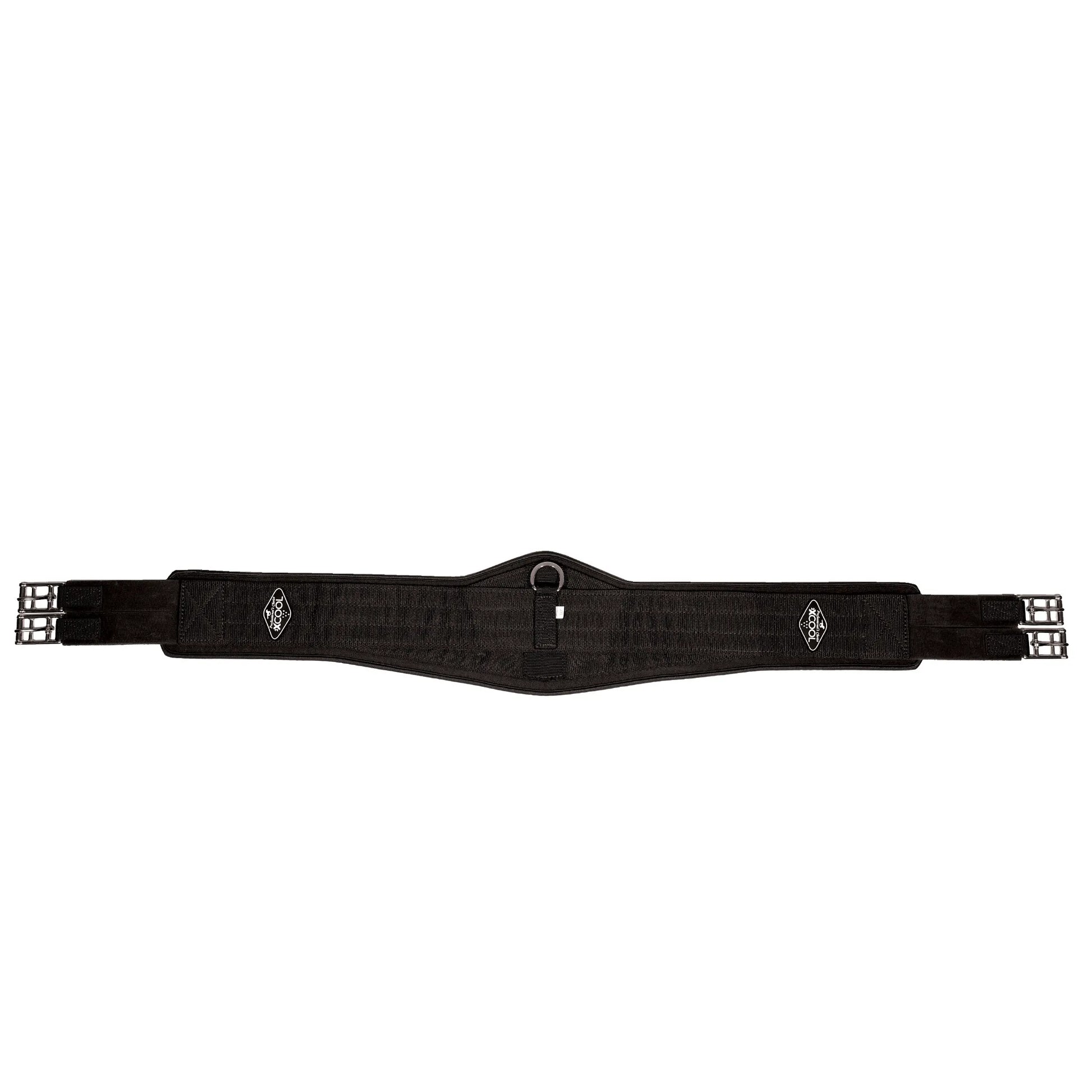 Black Professional's Choice 2XCOOL English Girth featuring a contoured V-shaped design for superior pressure distribution and horse comfort. This high-performance equestrian cinch includes a cooling mineral-infused liner, non-slip honeycomb silicone soft grip, central D-ring, and durable stainless steel roller buckles. Ideal for English riding disciplines where cooling technology and stability are essential.