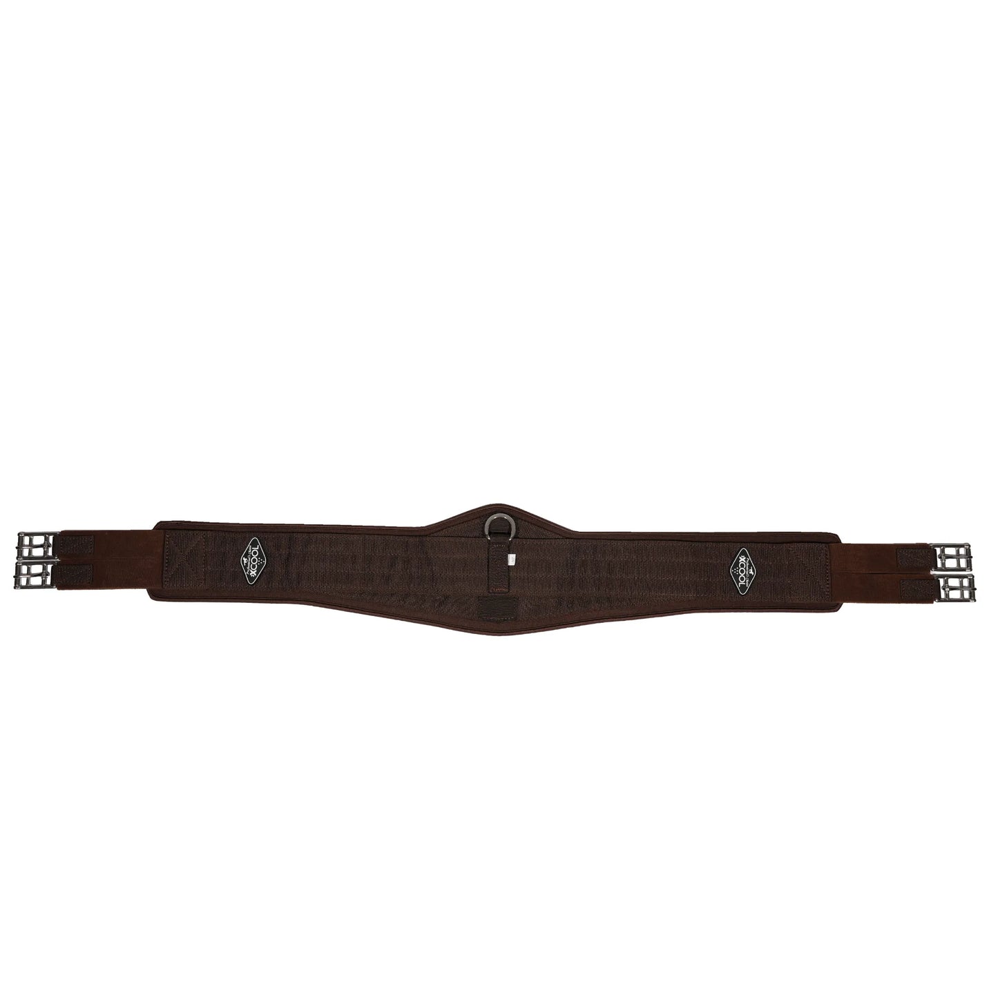 Professional's Choice 2XCOOL English Girth in chocolate brown, featuring a contoured V-shaped design for superior pressure distribution. This high-performance horse girth includes a mineral-infused cooling liner, center D-ring for attachments, and a non-slip honeycomb silicone grip. Finished with durable stainless steel roller buckles, it's designed for maximum equine comfort and breathability during training or competition.