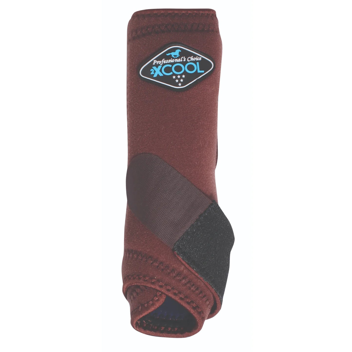 Professional's Choice 2XCOOL Horse Front Boot in a rich brown color, featuring breathable cooling fabric and a secure wrap-around support strap. This high-performance equine leg gear provides impact protection and tendon support for training or competition. The sleek design with the signature blue 2XCOOL logo ensures maximum comfort and ventilation for your horse during any equestrian activity.