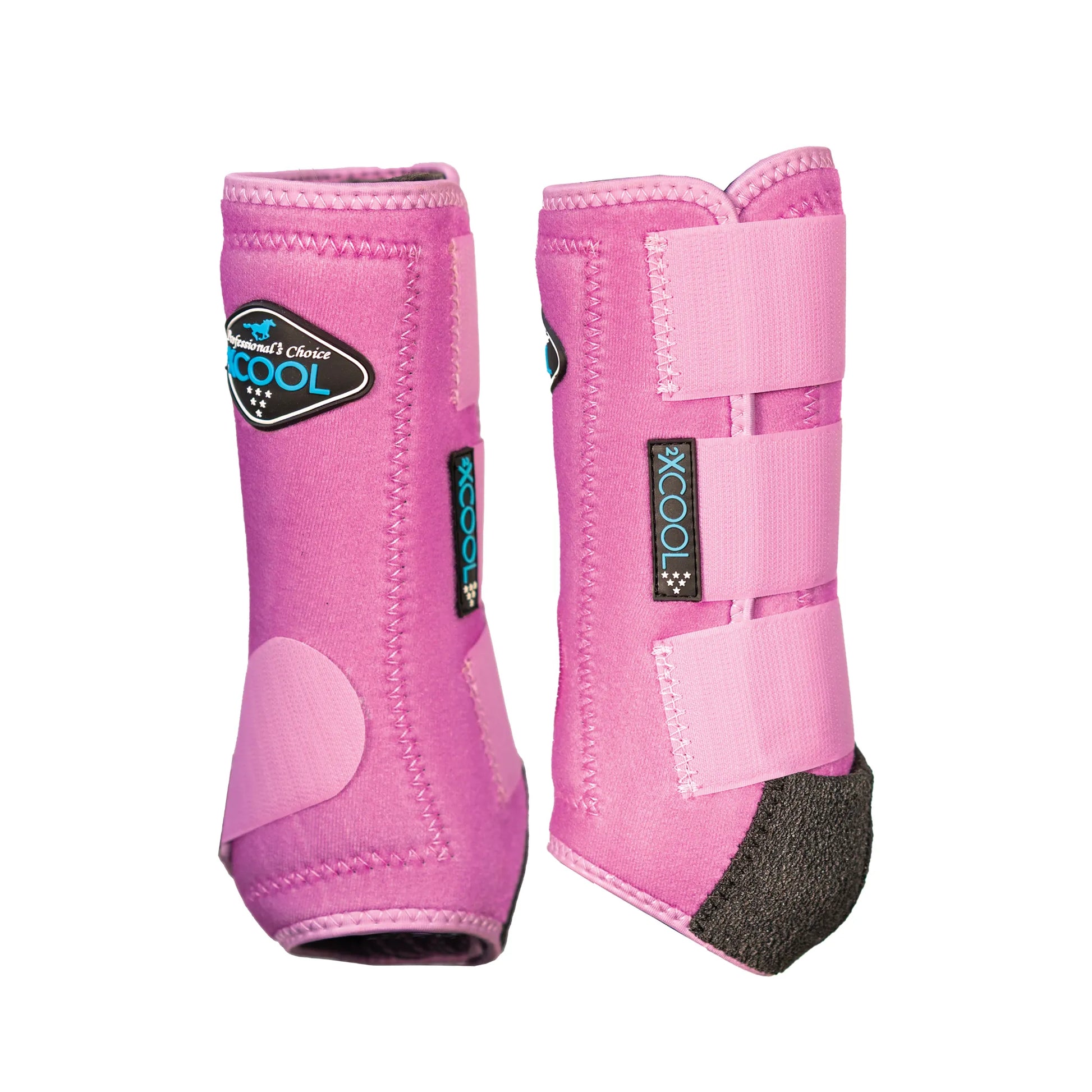 Professional's Choice 2XCOOL Horse Front Boots in vibrant pink. These protective equine sports medicine boots feature breathable, moisture-wicking technology for cool comfort. The pair showcases triple-strap hook-and-loop closures and reinforced strike pads for durability. Ideal for performance horses, these pink splint boots provide superior tendon and ligament support during training or competition, combining style with advanced cooling performance.