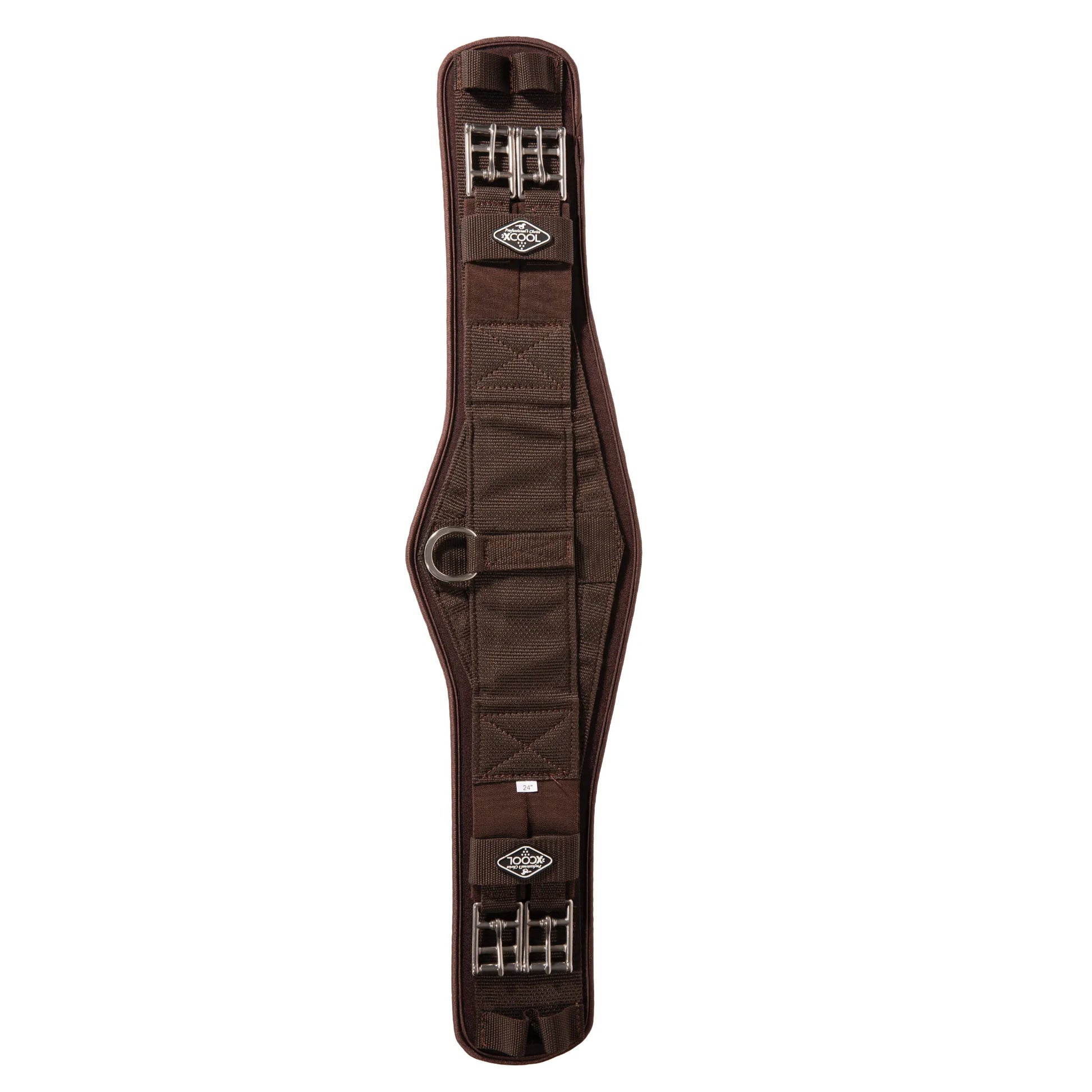 Professional's Choice 2XCool Monoflap Girth in chocolate brown, designed with a wide, contoured shape for optimal pressure distribution. This high-performance horse girth features a soft grip liner infused with cooling minerals to keep your horse dry. Includes durable stainless steel roller buckles, a central D-ring for training aids, and the signature 2XCool logo. Perfect for equestrians seeking a breathable, nonslip girth for dressage or monoflap saddles.