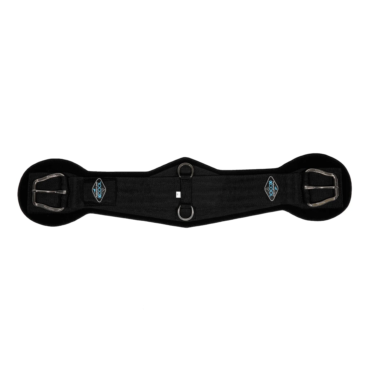 Professional's Choice 2XCOOL V-Shaped Cinch in black, featuring a contoured design for equine comfort and cooling. This breathable Western horse girth includes stainless steel roller buckles and center D-rings for durability. Designed with moisture-wicking technology to keep horses cool and comfortable during exercise, this high-performance tack is essential for riders seeking the best in temperature regulation and fit.