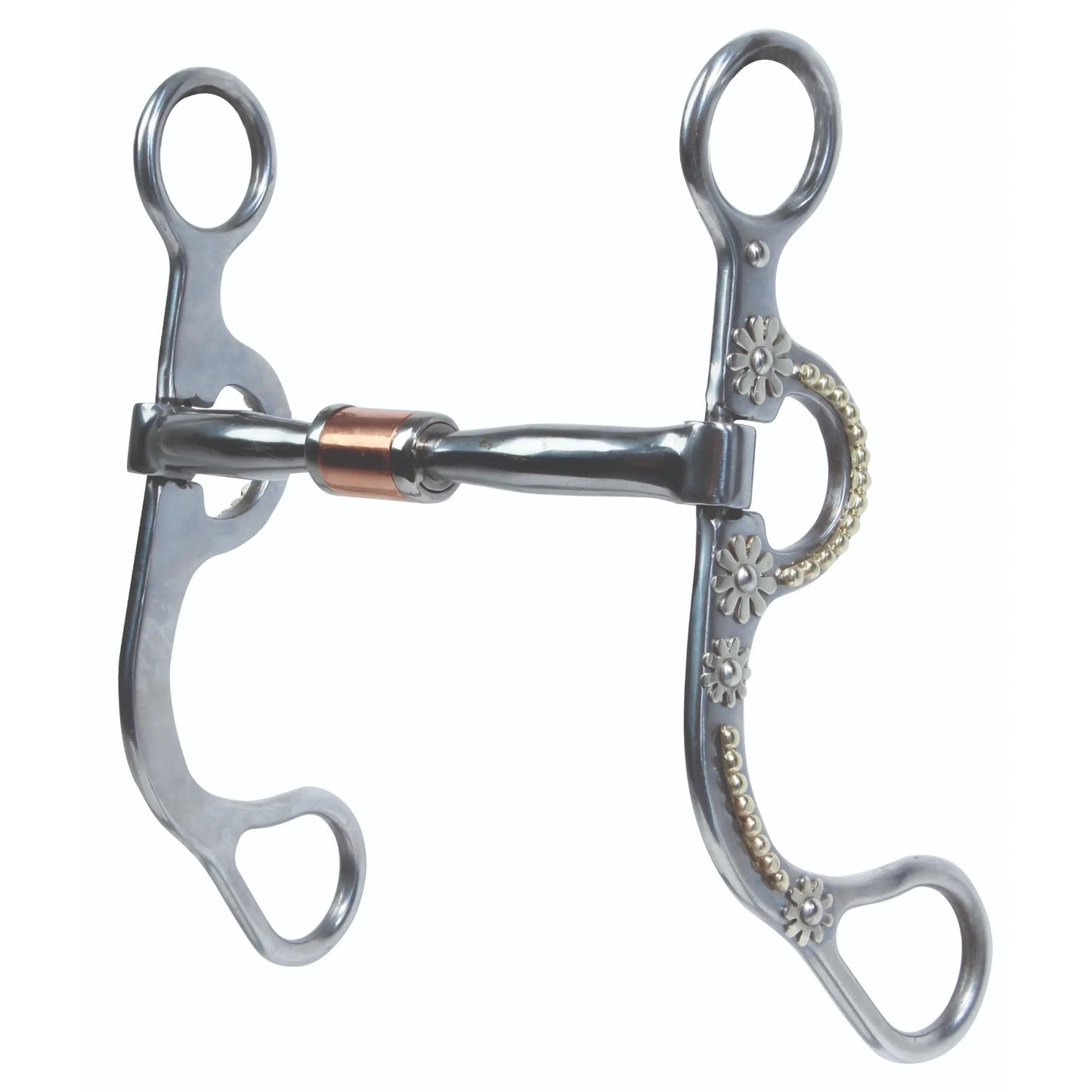 Professional's Choice Av Daisy Straight Roller (AVB-234) Western horse bit featuring polished stainless steel shanks with intricate floral daisy engravings and silver beaded accents. The straight bar mouthpiece is designed with a central copper roller to promote salivation and a soft mouth. This elegant curb bit offers a blend of style and performance, making it a stunning addition to any Western show headstall or daily riding equipment.