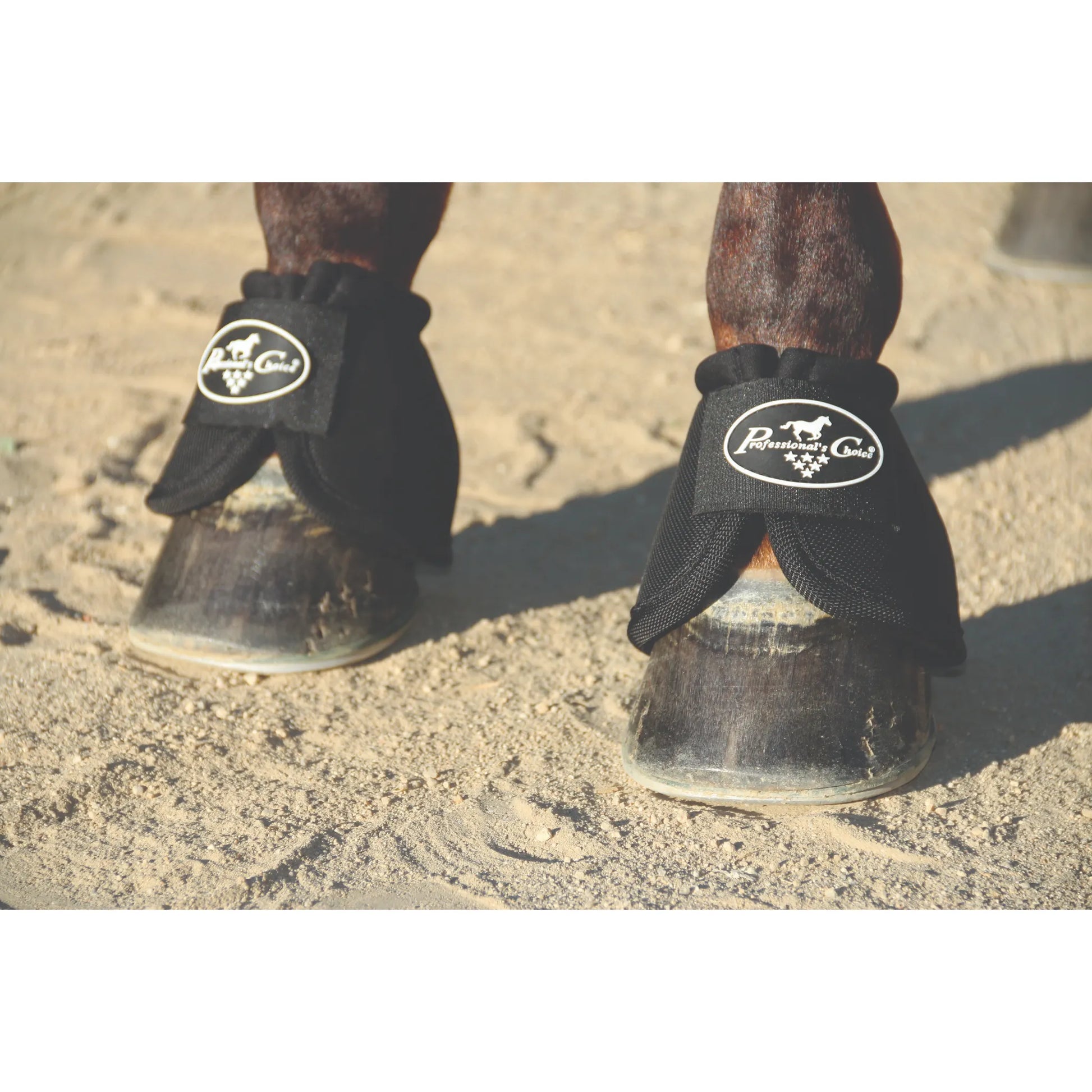 Professional's Choice black Ballistic Bell Boots providing ultimate hoof protection for horses. These durable equestrian overreach boots feature heavy-duty ballistic nylon and a secure closure with the white brand logo. Shown on a horse's hooves in a sandy arena, these protective boots are essential gear to prevent overreach injuries during riding, training, or turnout. High-quality horse care equipment for performance and safety.