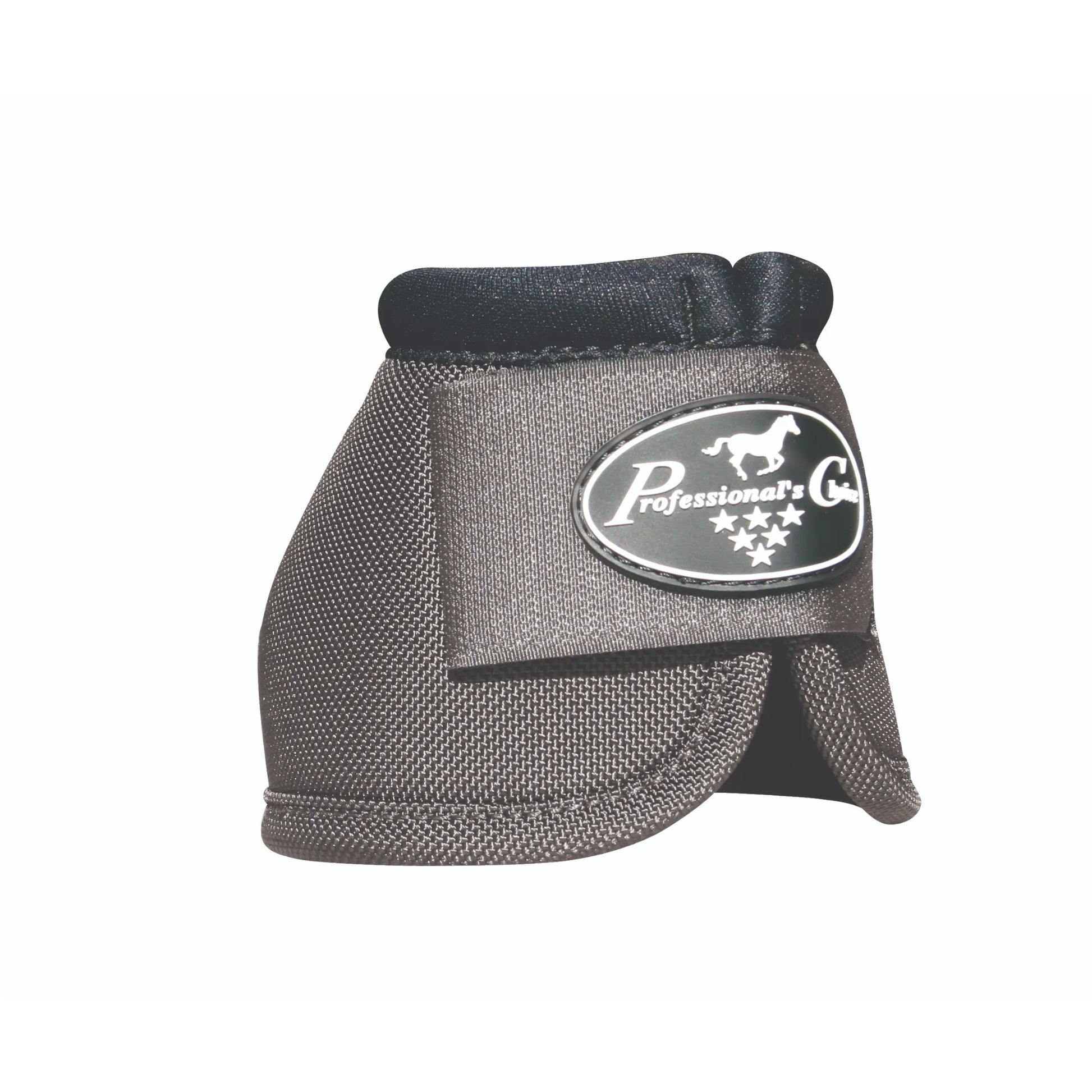 Professional's Choice Ballistic Bell Boots in charcoal gray, featuring a heavy-duty ballistic nylon outer shell and a soft padded collar for comfort. Designed for ultimate hoof protection, these durable horse bell boots prevent overreach injuries during riding or turnout. The secure hook-and-loop closure includes the signature Professional's Choice logo. Essential high-performance equestrian gear for horse safety and longevity.