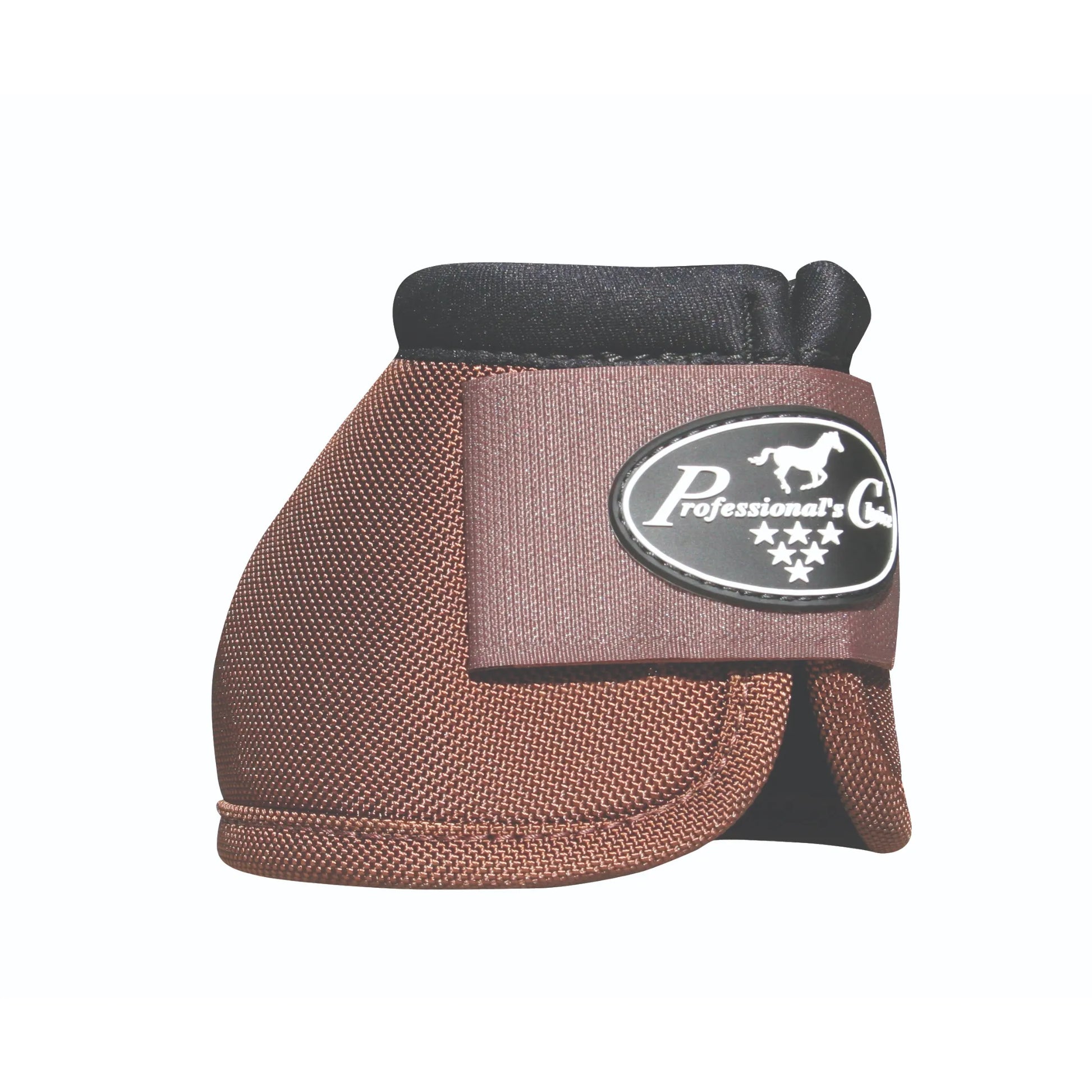 Professional's Choice Ballistic Bell Boots in a rich copper brown, designed for ultimate horse hoof protection. These durable equestrian boots feature high-quality ballistic nylon, a soft black padded collar to prevent rubbing, and a secure wide hook-and-loop closure strap with the iconic brand logo. Perfect for preventing overreach injuries during riding or turnout, these high-performance boots combine style and safety for any equine athlete.