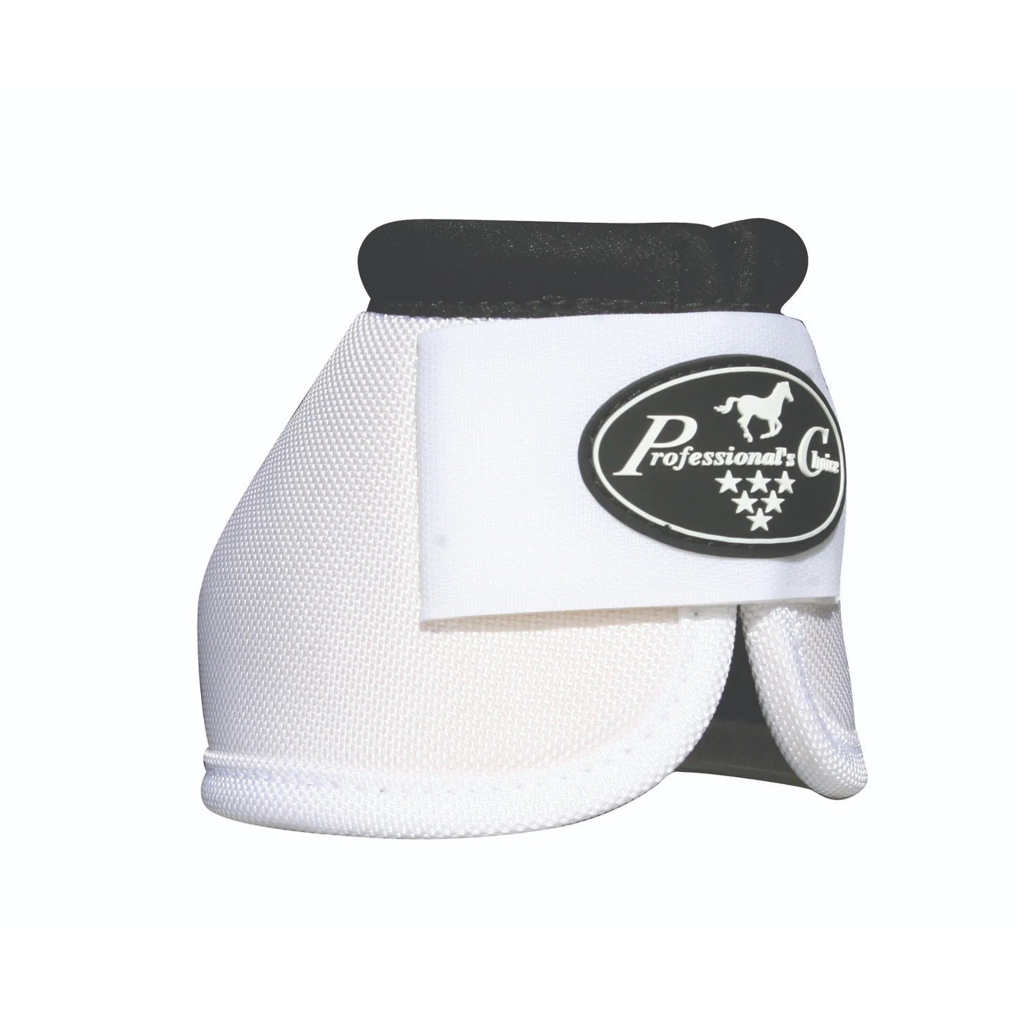 Professional's Choice Ballistic Bell Boots in white, featuring a durable ballistic nylon outer shell and a soft rolled black collar for comfort. These high-performance horse bell boots provide ultimate hoof protection with a secure heavy-duty hook-and-loop closure. Ideal for preventing overreach injuries during training or turnout, these equestrian protective boots combine style and durability for every horse rider.
