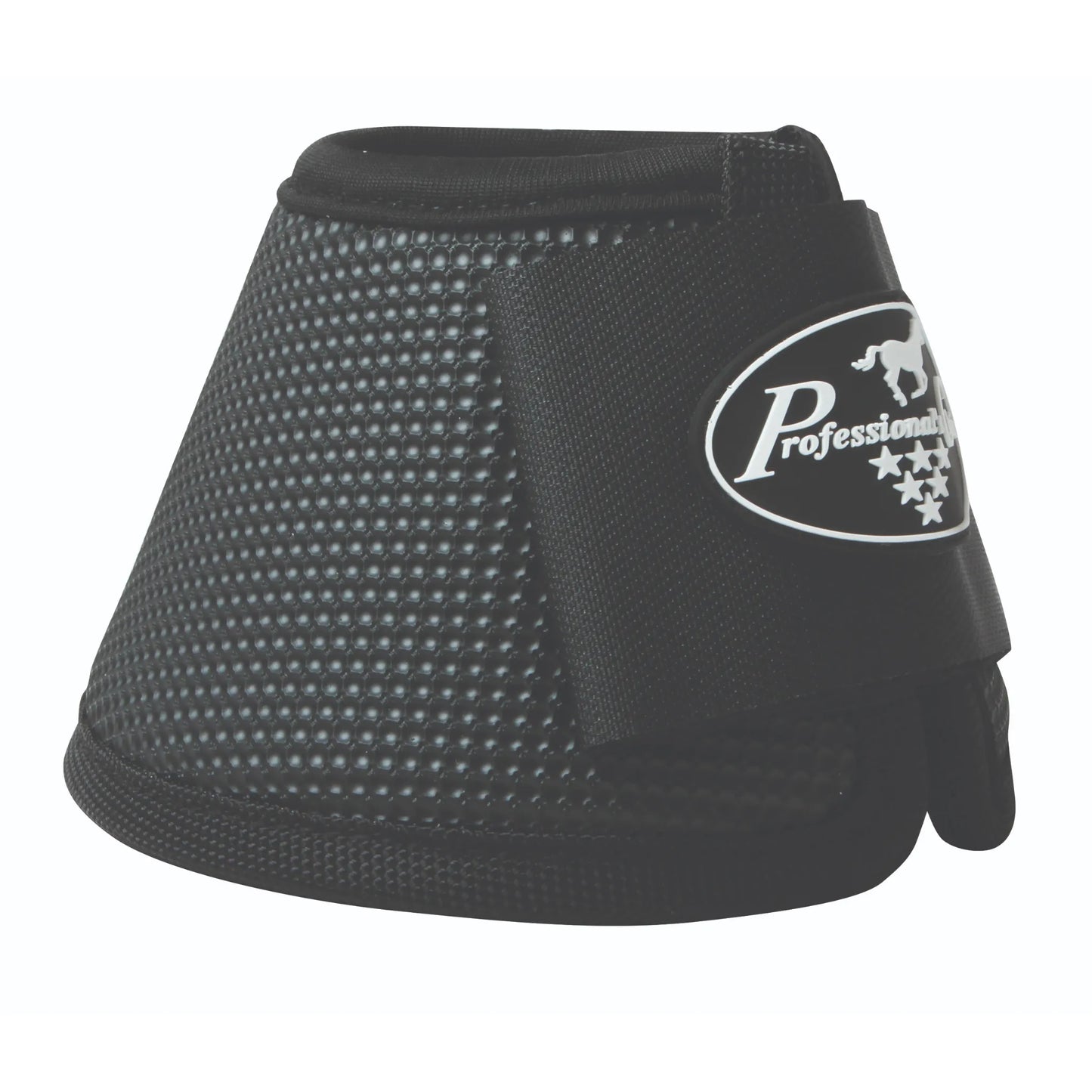 Professional's Choice Ballistic Bell Boots in black, offering ultimate horse leg and hoof protection. These heavy-duty equestrian boots feature a durable textured exterior to prevent overreach injuries and a wide hook-and-loop closure for a secure, adjustable fit. Featuring the Professional's Choice logo with a horse silhouette and stars, these boots are essential gear for performance horses, jumping, and trail riding.