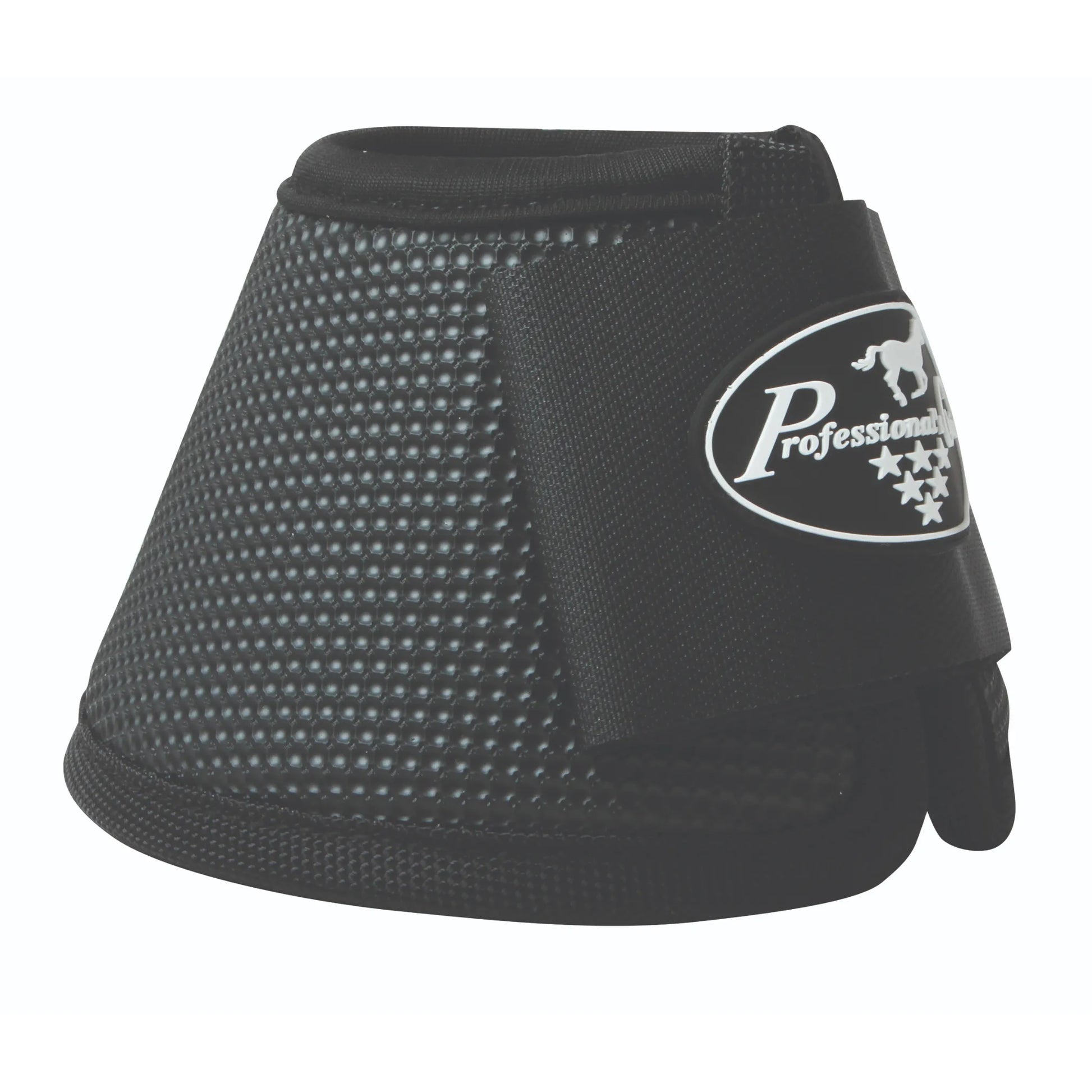 Professional's Choice Ballistic Bell Boots in black, offering ultimate horse leg and hoof protection. These heavy-duty equestrian boots feature a durable textured exterior to prevent overreach injuries and a wide hook-and-loop closure for a secure, adjustable fit. Featuring the Professional's Choice logo with a horse silhouette and stars, these boots are essential gear for performance horses, jumping, and trail riding.