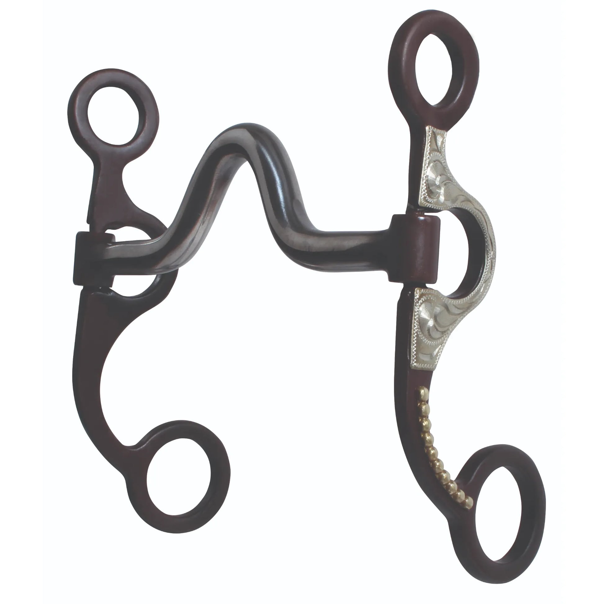 Professional's Choice Bit Cambria Medium Port 5" Mouth Black AVB-501 featuring a blued steel finish with hand-engraved silver trim and brass dot accents. This western curb bit includes a medium port mouthpiece and swivel shanks, perfect for horse training and show ring performance. High-quality equestrian tack designed for refined communication and style.
