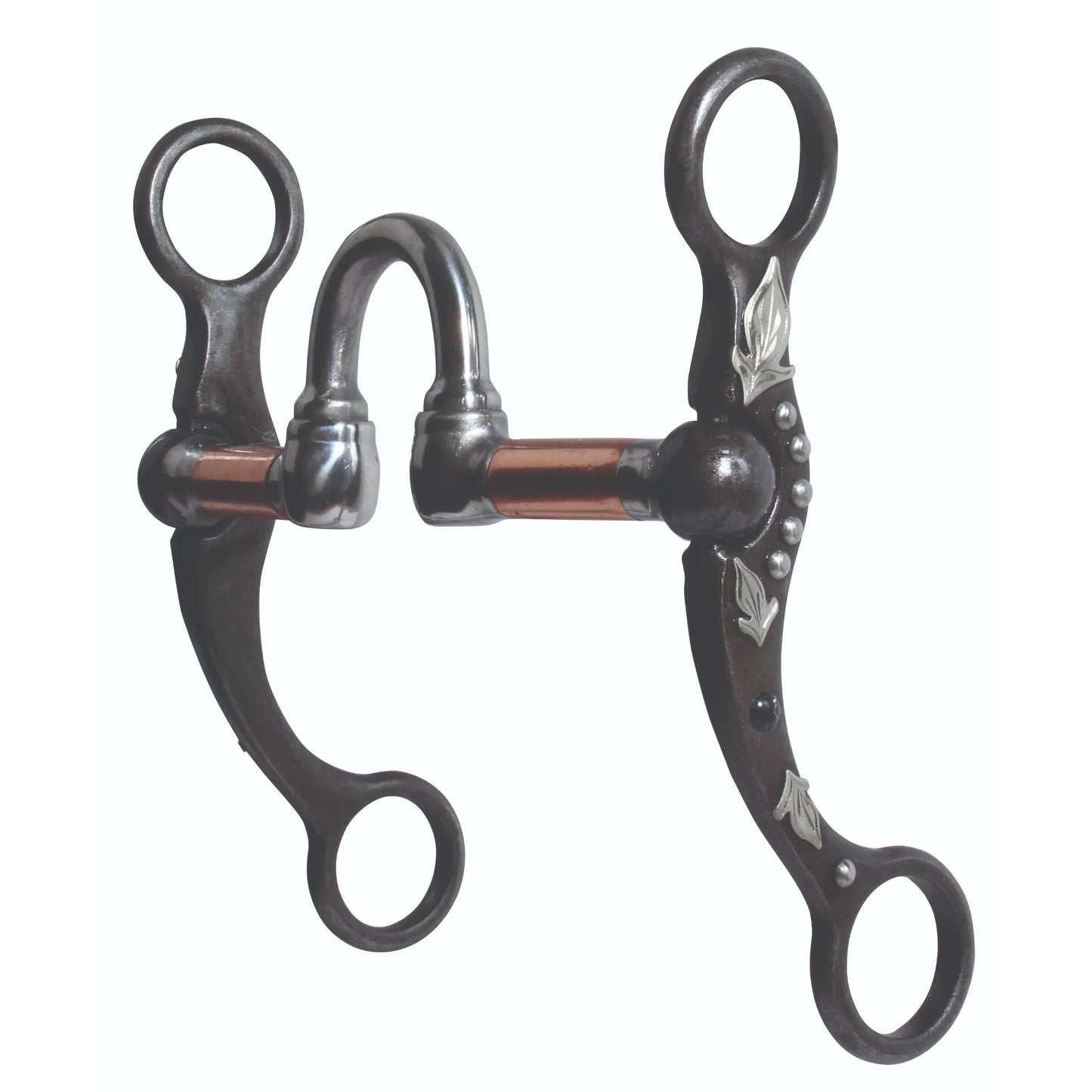 Professional's Choice Bit Correction Feather Shank 6" Cheek (PCB-133) featuring dark steel curved shanks with intricate silver leaf engravings and dots. The mouthpiece includes a high correction port with copper inlays to promote salivation. A stylish and functional western leverage bit ideal for training and performance horses, offering refined communication and a sophisticated look for horse tack collections.