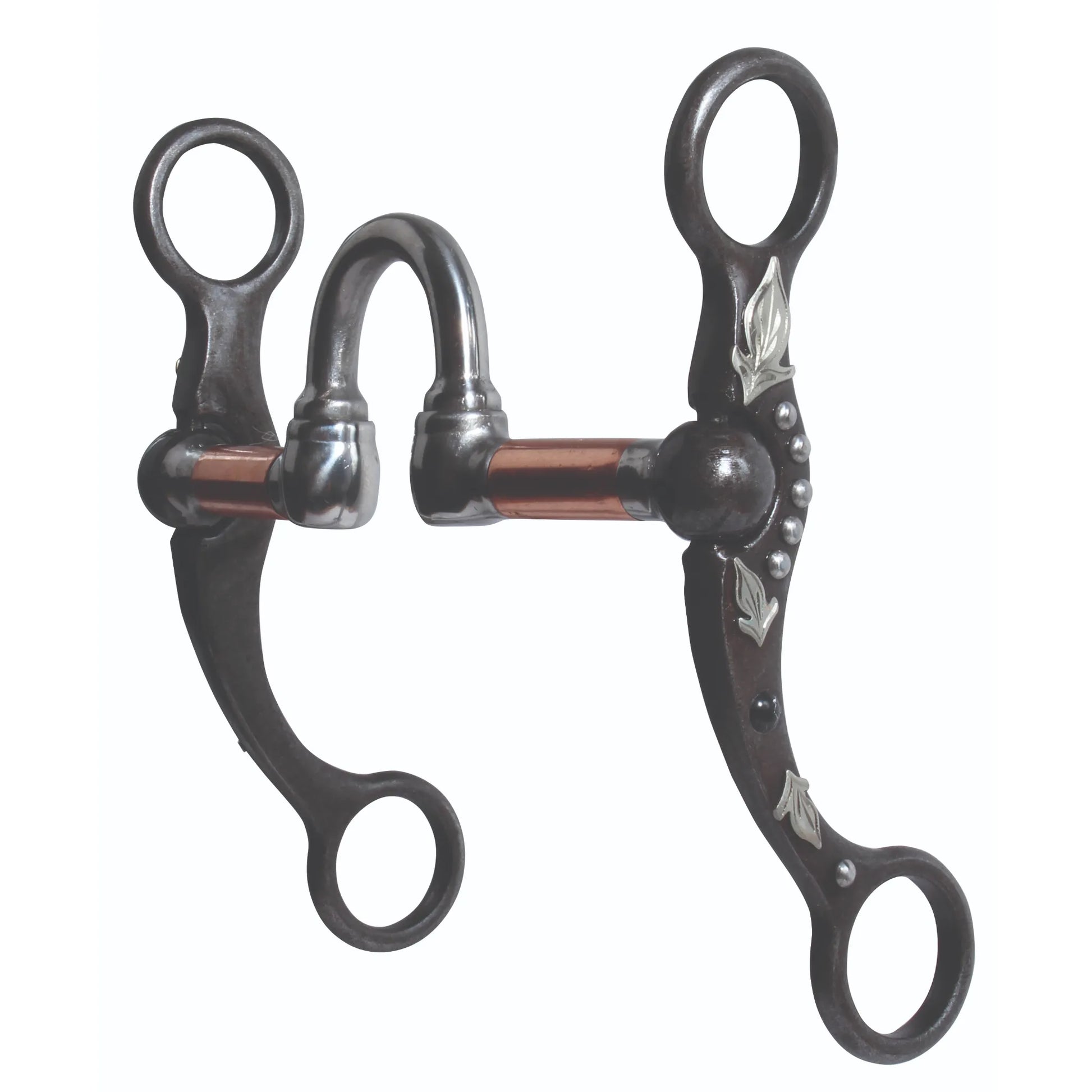 Professional's Choice Bit Correction Feather Shank 6" Cheek (PCB-133) featuring dark steel curved shanks with intricate silver leaf engravings and dots. The mouthpiece includes a high correction port with copper inlays to promote salivation. A stylish and functional western leverage bit ideal for training and performance horses, offering refined communication and a sophisticated look for horse tack collections.