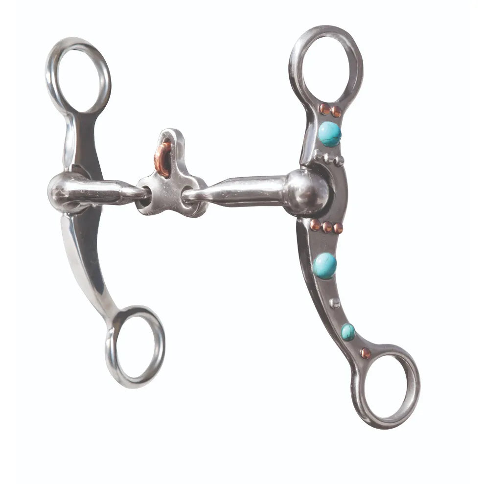 Professional's Choice Western Bit PCB-142 with a 5 1/4 inch floating spade mouth and copper roller. Crafted from polished stainless steel, this elegant bit features curved dot shanks beautifully accented with turquoise stones and copper highlights. Ideal for performance horses and western riders, this high-quality equestrian gear combines functionality with sophisticated style.