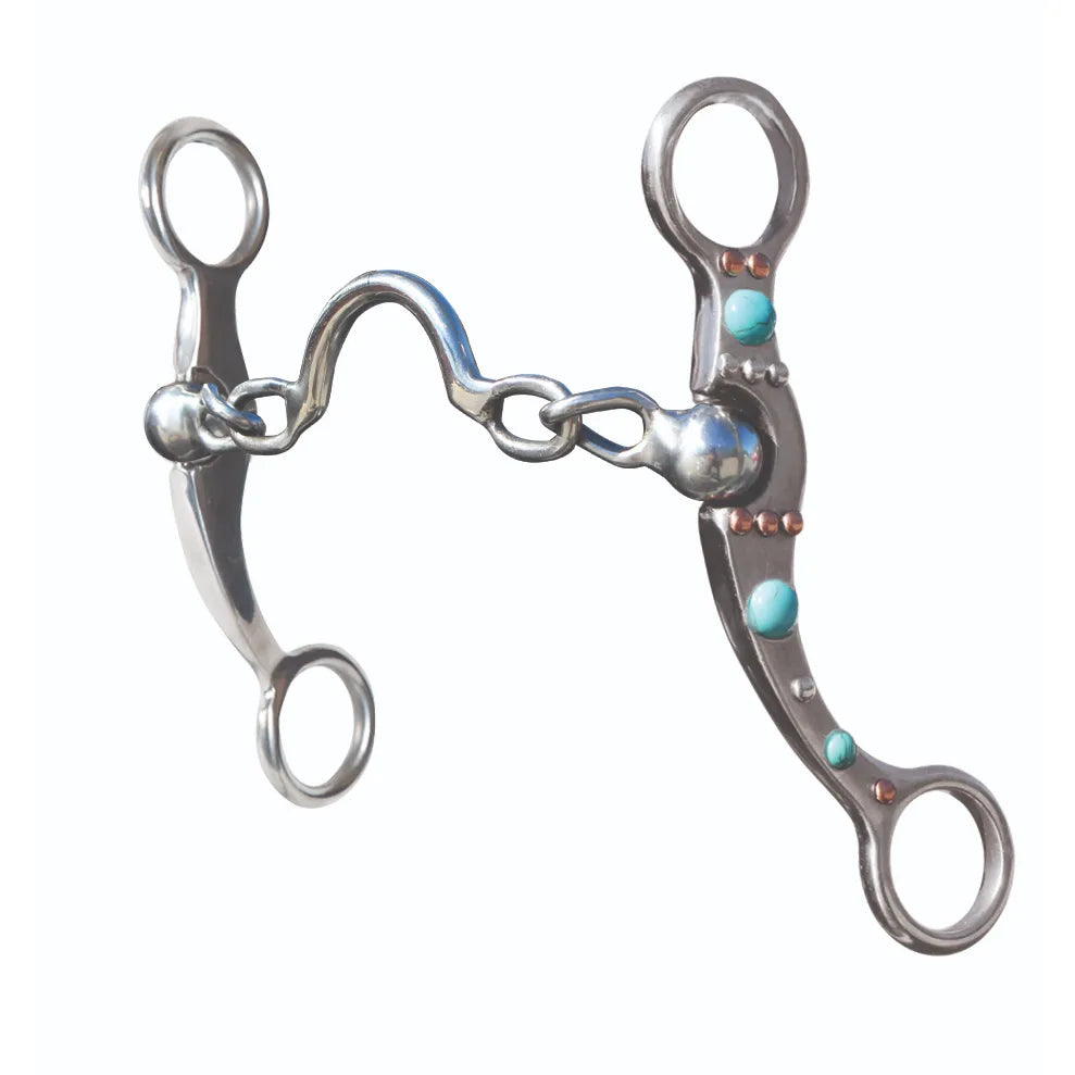 Professional's Choice Bit Dot Shank Low Port Steel 6" Cheek (PCB-141) featuring polished stainless steel shanks accented with turquoise stone and copper dot detailing. This Western horse bit includes a low port mouthpiece with swivel joints for refined communication. Ideal for Western performance and trail riding, this stylish bit combines professional-grade quality with a decorative southwest-inspired aesthetic.