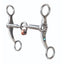 Professional's Choice Feather Lifesaver Bit featuring a 5 1/4" three-piece mouth with a central ring and copper rollers for comfort. This polished stainless steel western curb bit has 6" shanks adorned with elegant feather engravings and a small turquoise stone inlay. Ideal for riders seeking enhanced control and style, this decorative shank bit combines performance with a classic western aesthetic.