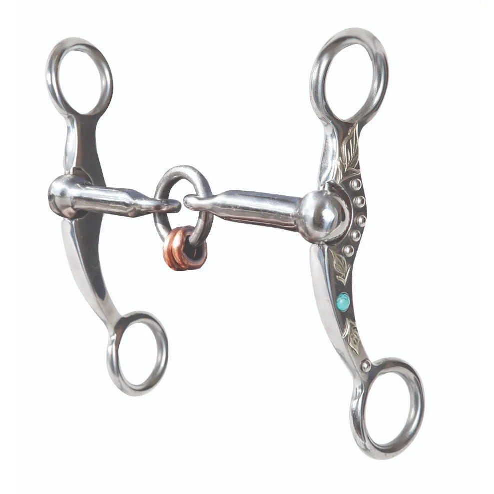 Professional's Choice Feather Lifesaver Bit featuring a 5 1/4" three-piece mouth with a central ring and copper rollers for comfort. This polished stainless steel western curb bit has 6" shanks adorned with elegant feather engravings and a small turquoise stone inlay. Ideal for riders seeking enhanced control and style, this decorative shank bit combines performance with a classic western aesthetic.