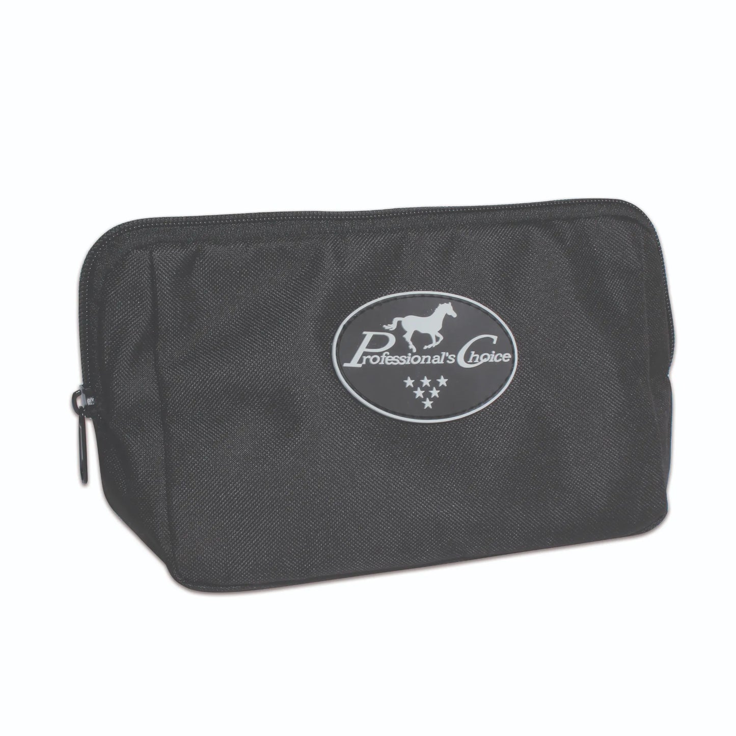 Professional's Choice small black pouch for equestrian gear organization and travel. This durable, zippered storage bag features a prominent white and gray Professional's Choice horse logo on a black woven fabric. Sleek and compact, it’s perfect for organizing horse grooming tools, medical supplies, or personal accessories in a tack trunk or gear bag. A stylish and functional must-have for any rider's collection.