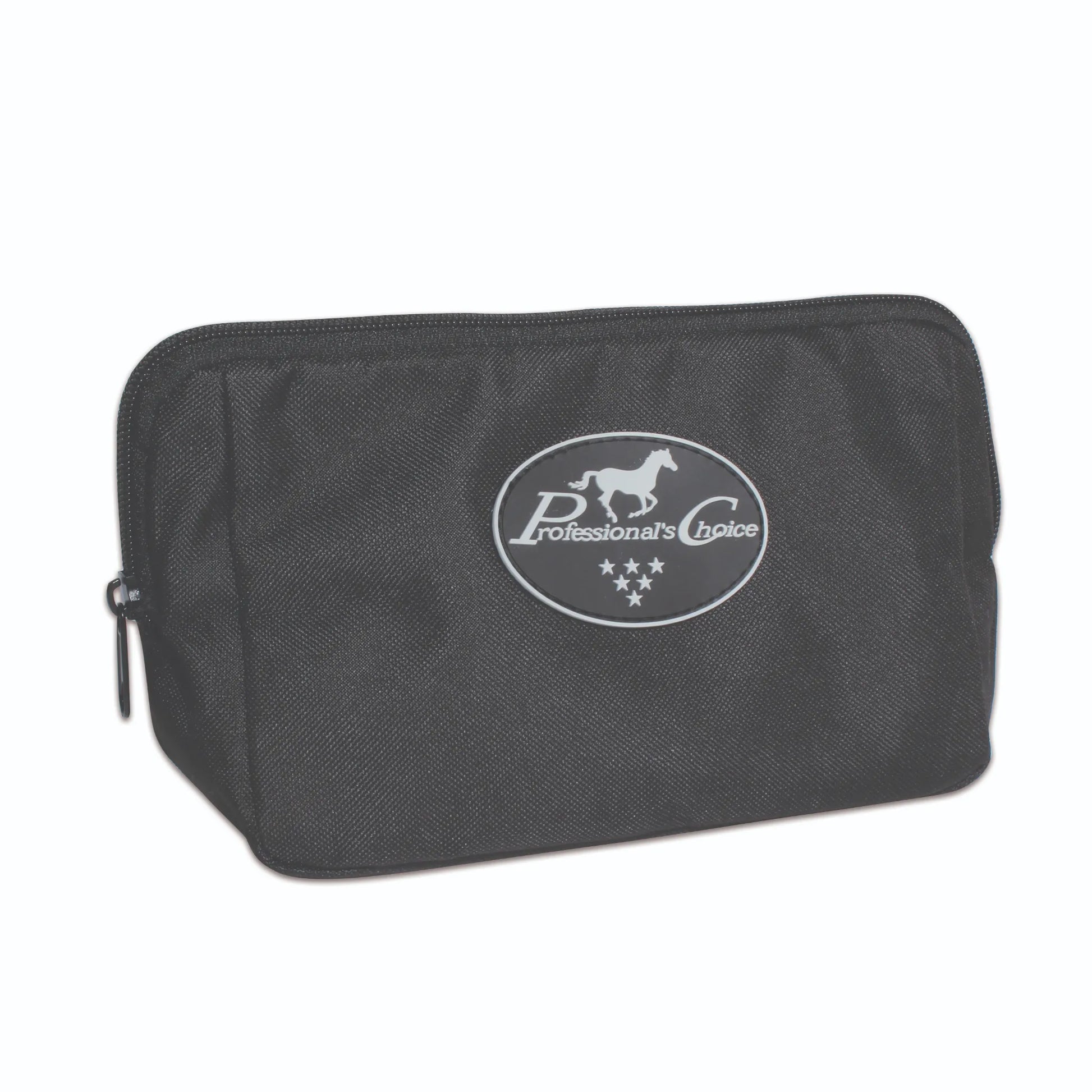 Professional's Choice small black pouch for equestrian gear organization and travel. This durable, zippered storage bag features a prominent white and gray Professional's Choice horse logo on a black woven fabric. Sleek and compact, it’s perfect for organizing horse grooming tools, medical supplies, or personal accessories in a tack trunk or gear bag. A stylish and functional must-have for any rider's collection.