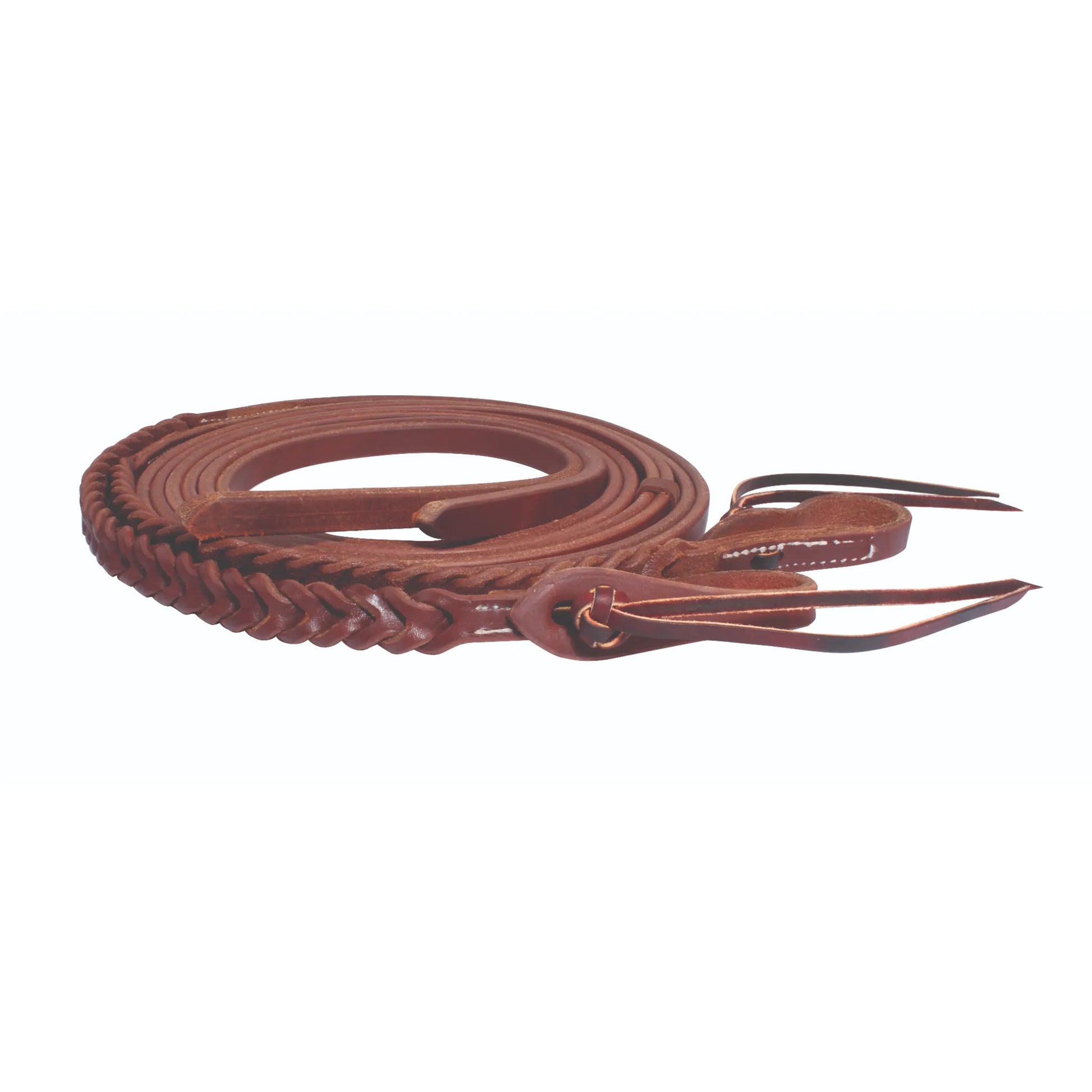 Professional's Choice Bleeding Heart Split Reins in rich chestnut brown leather. These premium western horse reins feature a unique hand-braided bleeding heart design near the bit ends for balanced weight and superior control. Crafted for durability with tie-bit ends and long, tapered tails, they offer a comfortable grip for trail riding or training. A must-have piece of high-quality western tack for any equestrian looking for professional-grade performance and style.