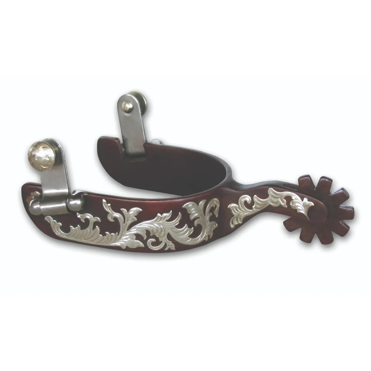 Professional’s Choice Bob Avila Lady Floral Spur featuring a rich mahogany antique finish on the steel band and shank. The exterior is adorned with intricate silver floral scrollwork and leaf filigree. This high-quality western riding spur includes two silver swinging buttons for easy strap attachment and a multi-point blunt rowel. A stylish and functional addition to any equestrian's western horse tack collection, perfect for show or trail riding.