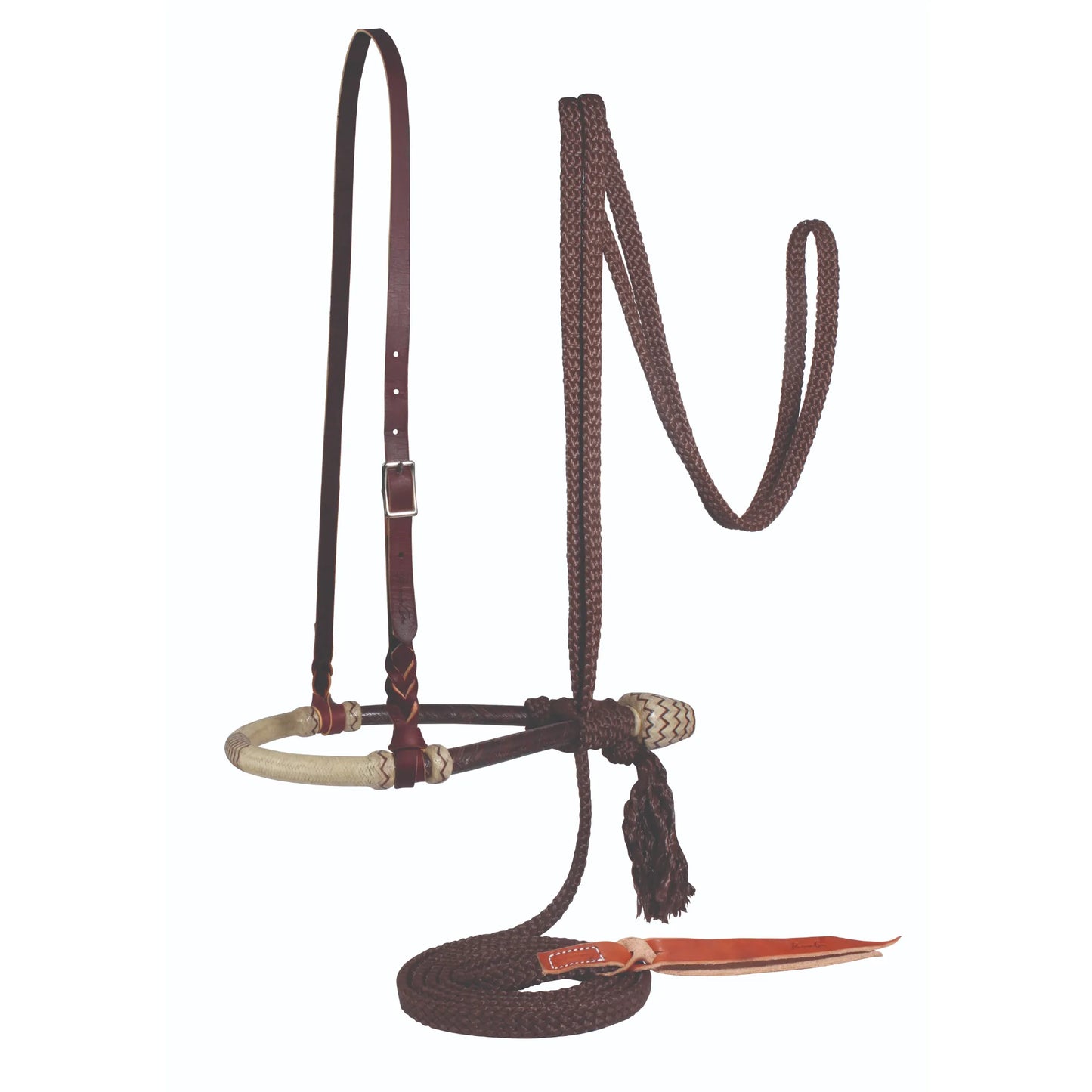 Professional's Choice Bosal/Mecate Set complete with a blood knot latigo hanger and brown braided mecate. The set features a two-tone braided rawhide bosal with a cream noseband and adjustable dark brown leather headstall. Perfect for bitless horse training and natural horsemanship, this high-quality western tack includes a long brown rope mecate with a leather popper, offering a professional vaquero look and feel.