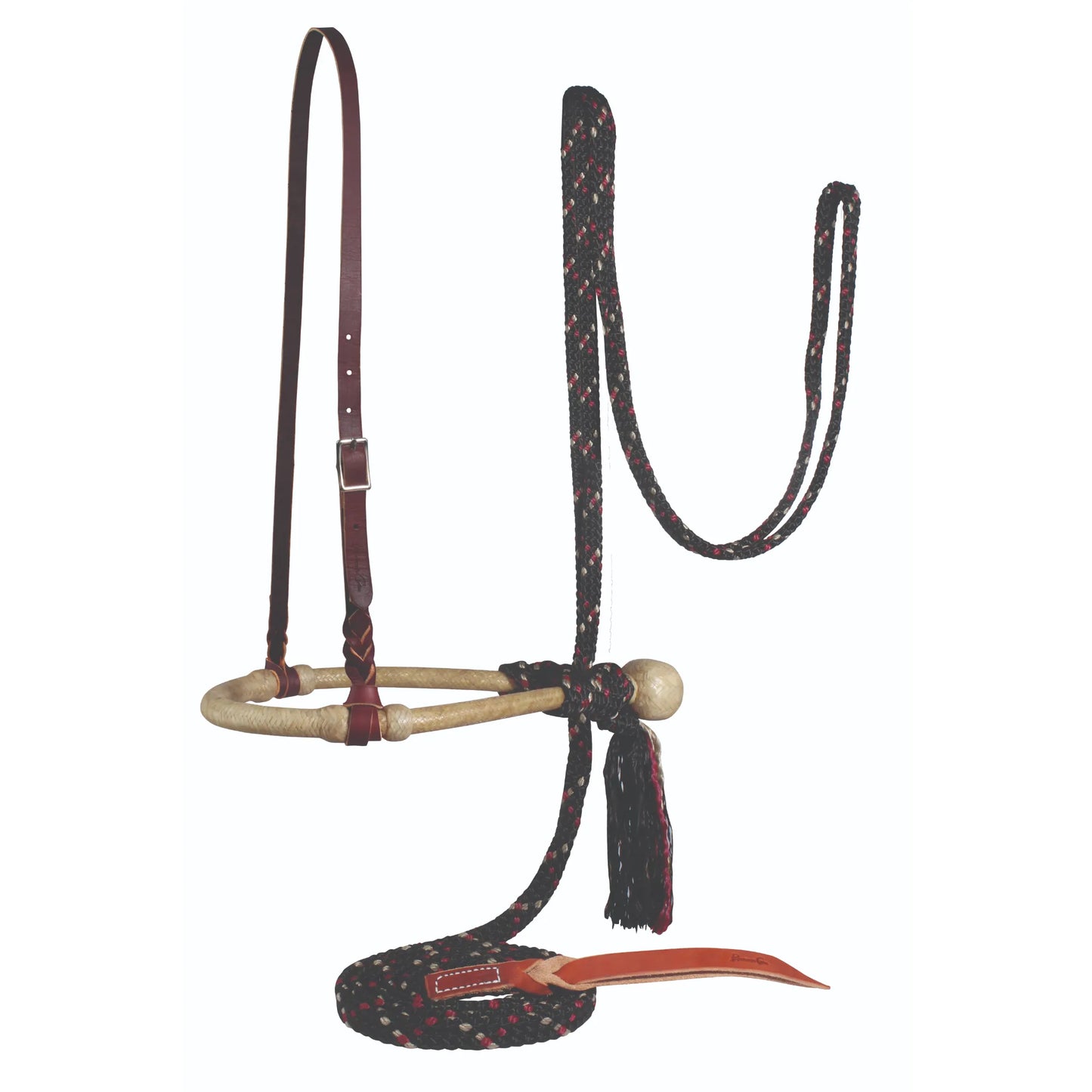 Professional's Choice Bosal/Mecate Set featuring a natural rawhide bosal and a dark brown latigo leather hanger with blood knot accents. This high-quality horse training set includes a black, red, and cream braided rope mecate complete with a traditional tassel and leather popper. Perfect for Western riders, this premium bitless bridle setup offers a classic look and professional performance for starting or refined training.