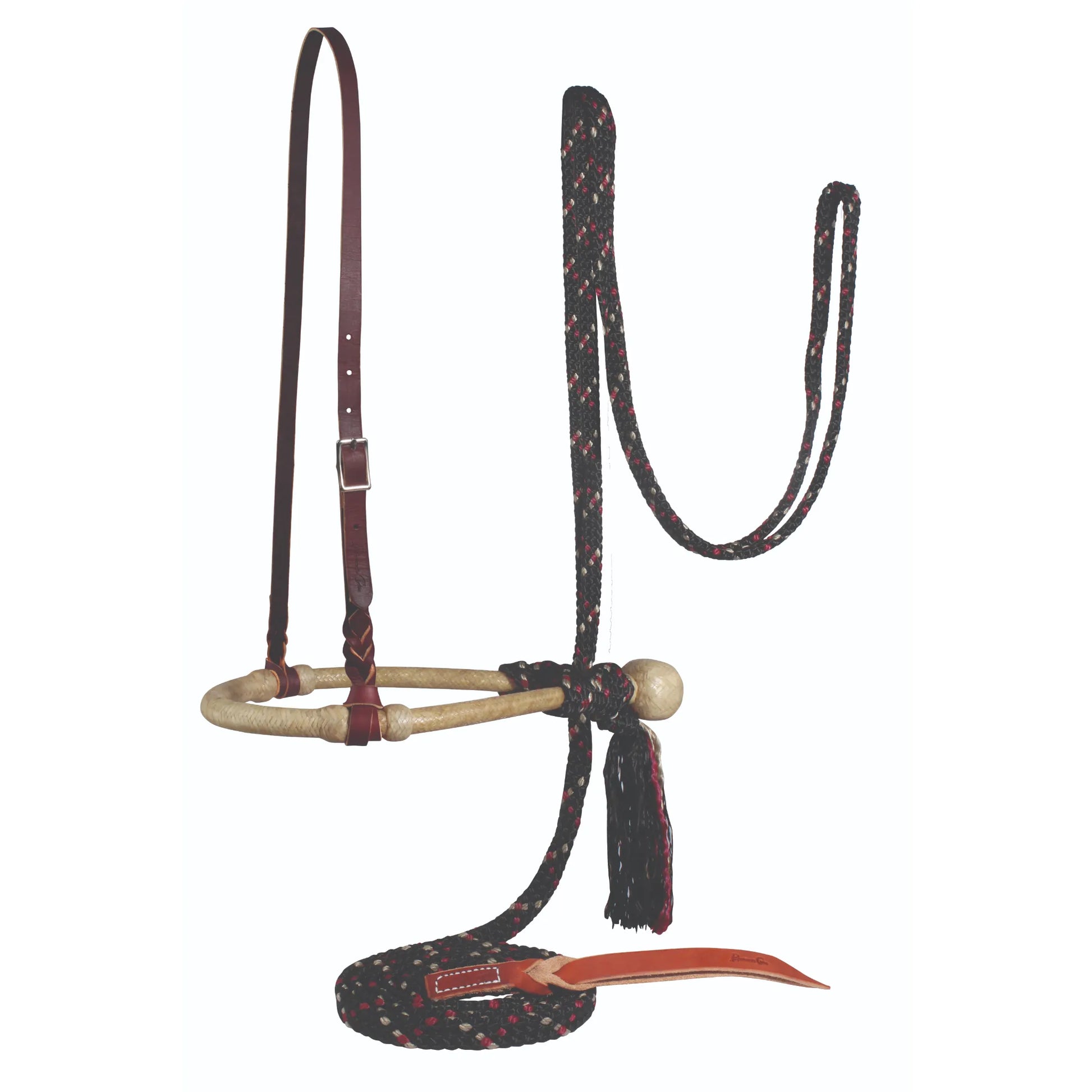Professional's Choice Bosal/Mecate Set featuring a natural rawhide bosal and a dark brown latigo leather hanger with blood knot accents. This high-quality horse training set includes a black, red, and cream braided rope mecate complete with a traditional tassel and leather popper. Perfect for Western riders, this premium bitless bridle setup offers a classic look and professional performance for starting or refined training.